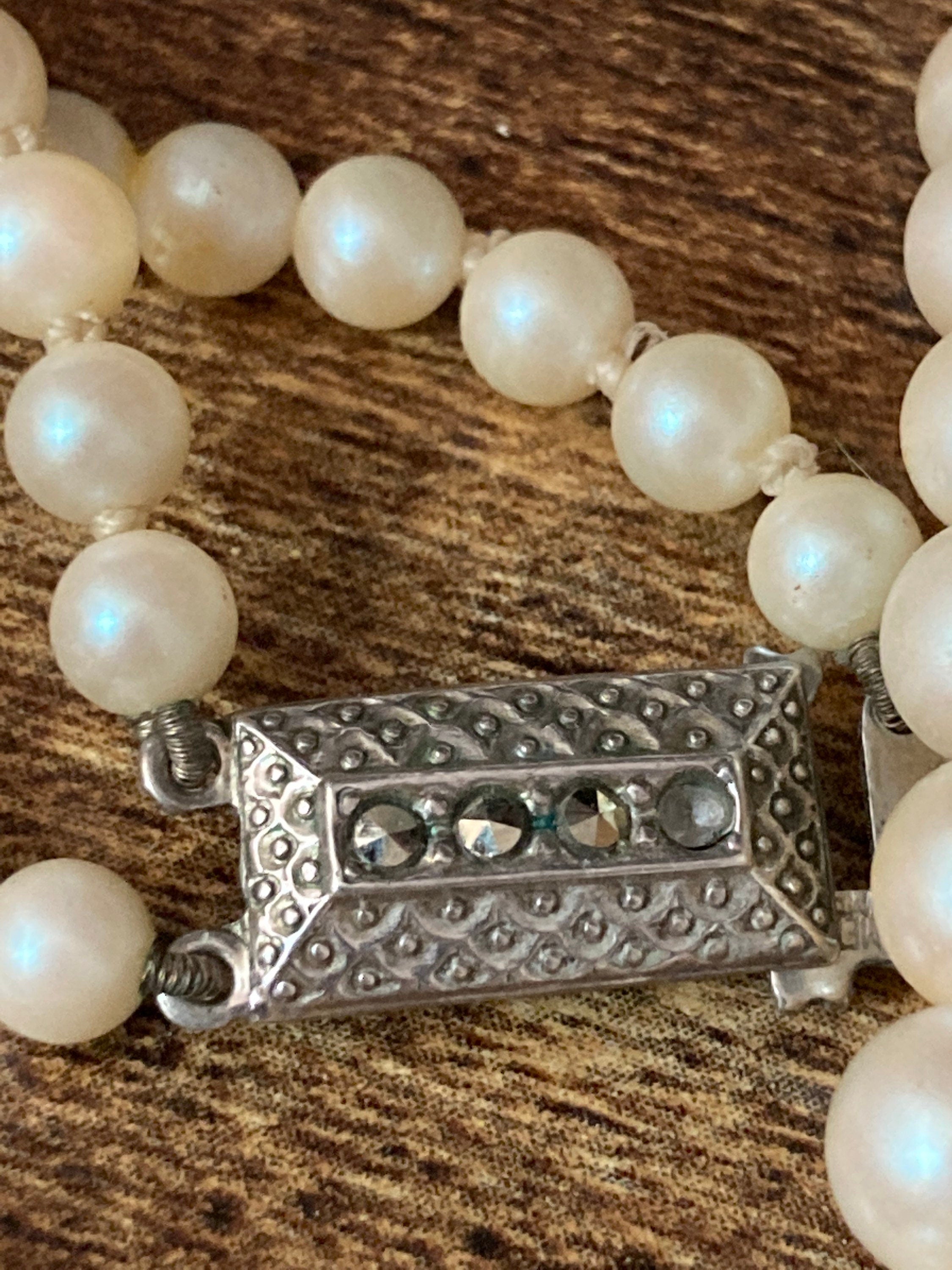 vintage 2 row cream glass pearl necklace with ornate 925 sterling silver clasp 43cm