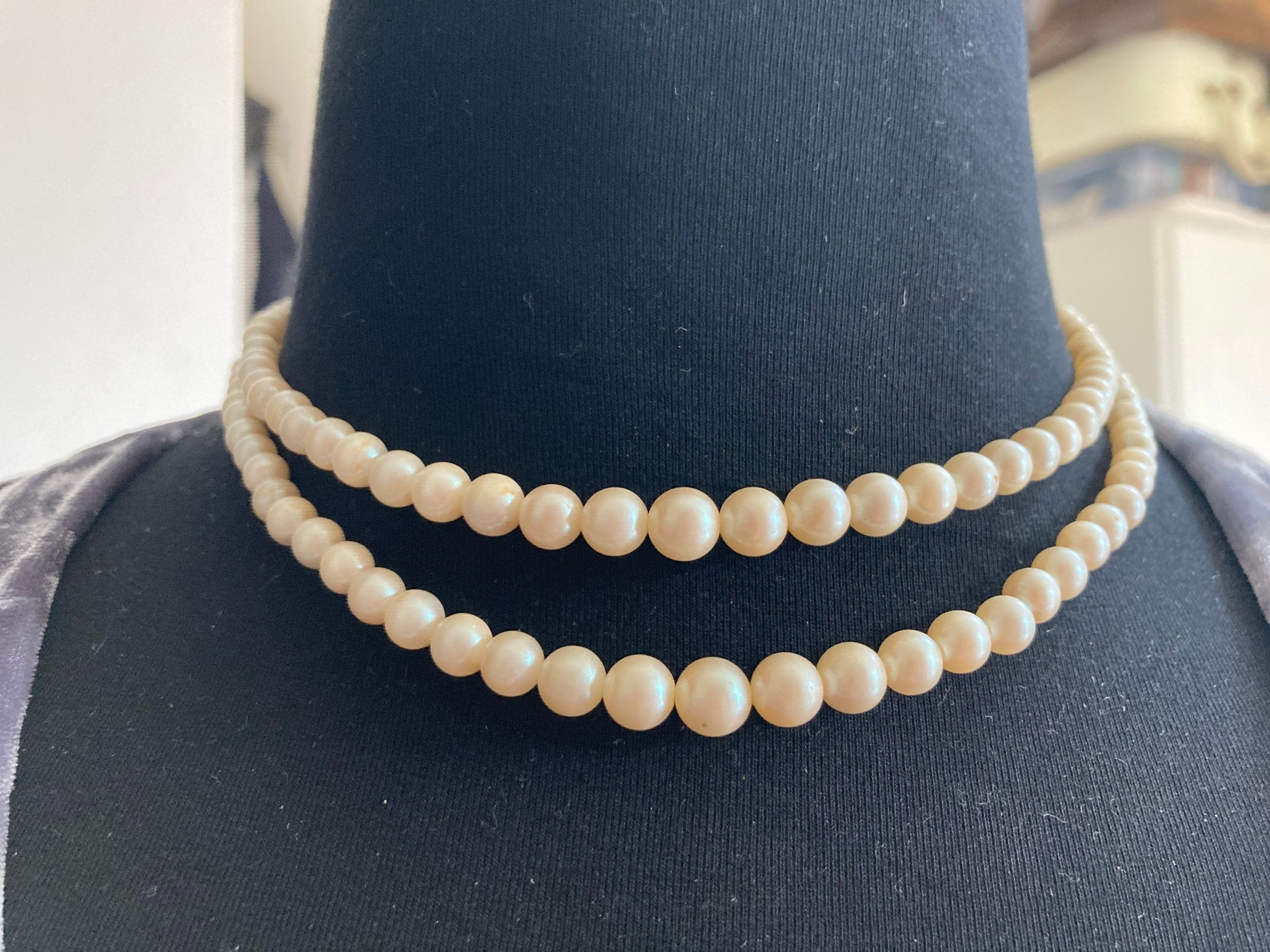 vintage 2 row cream glass pearl necklace with ornate 925 sterling silver clasp 43cm