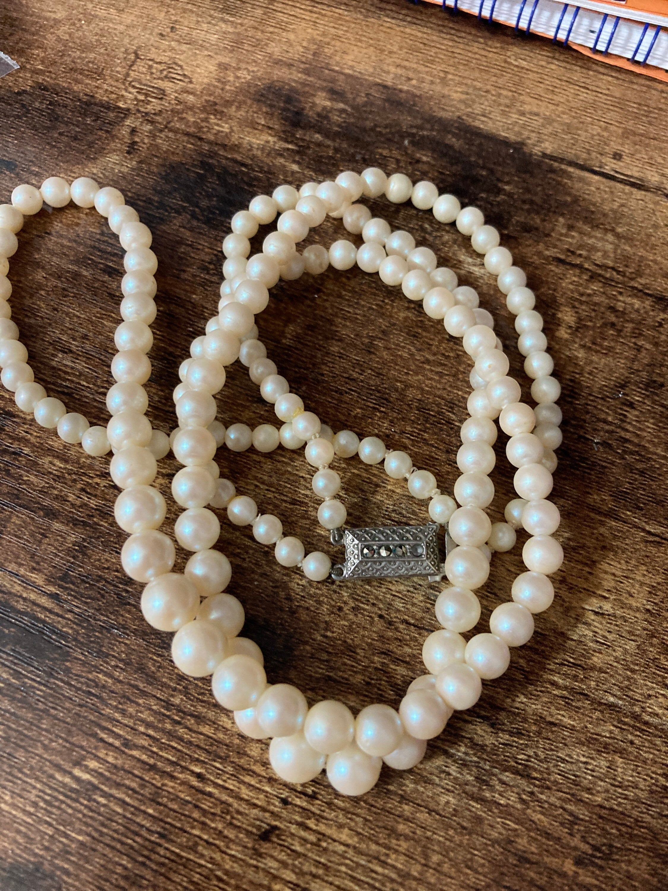 vintage 2 row cream glass pearl necklace with ornate 925 sterling silver clasp 43cm