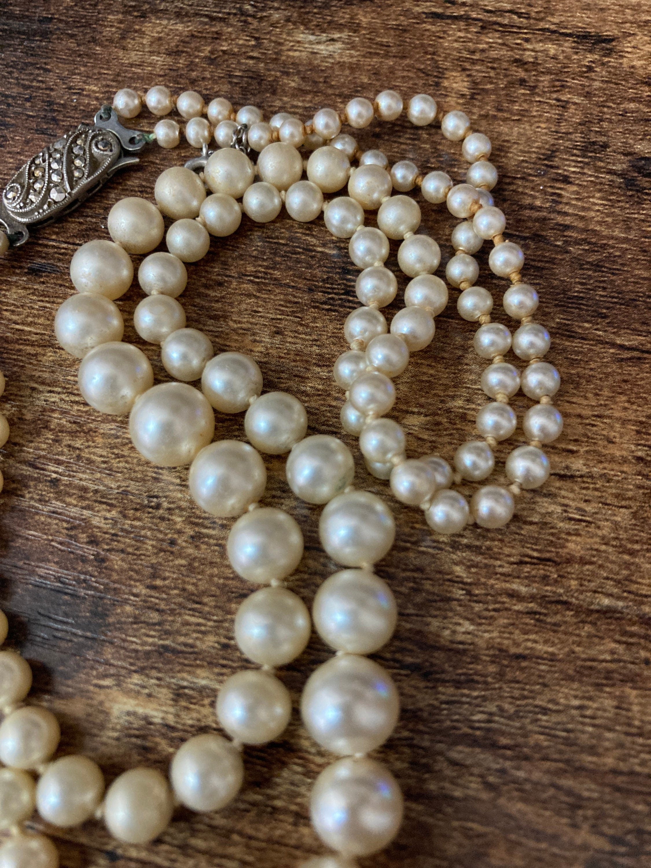 vintage 2 row cream glass pearl necklace 925 sterling silver clasp 41cm
