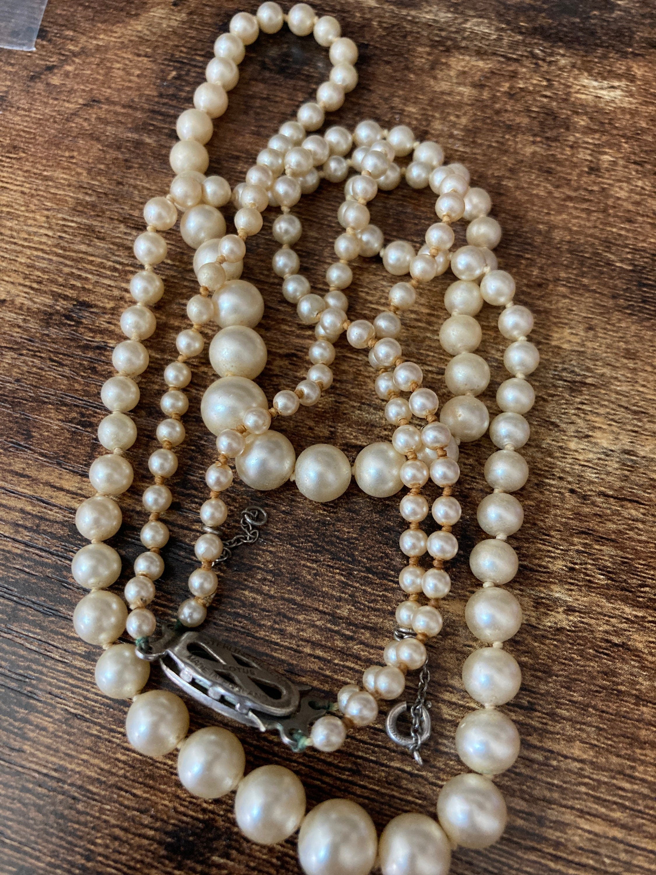 vintage 2 row cream glass pearl necklace 925 sterling silver clasp 41cm