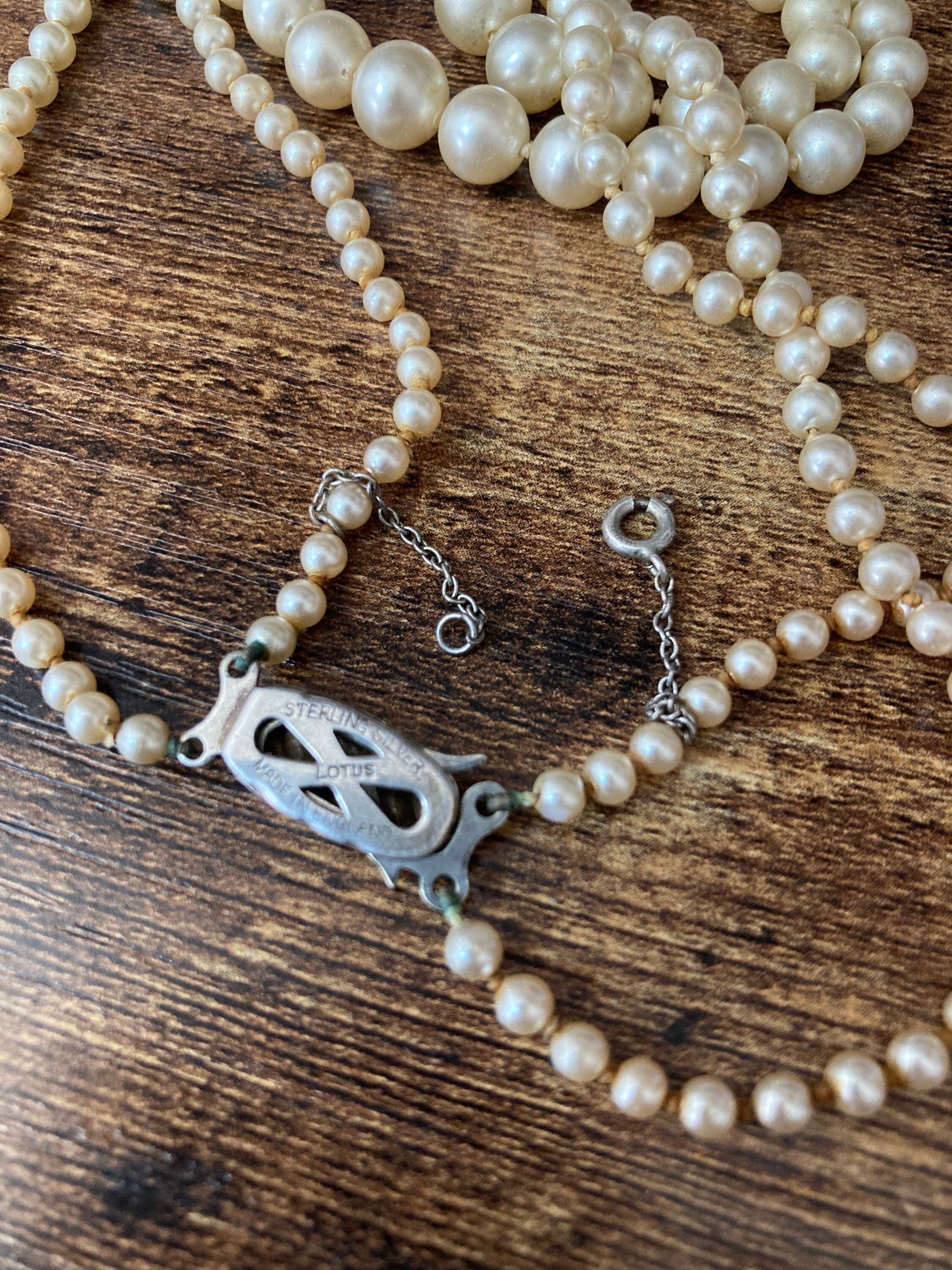 vintage 2 row cream glass pearl necklace 925 sterling silver clasp 41cm