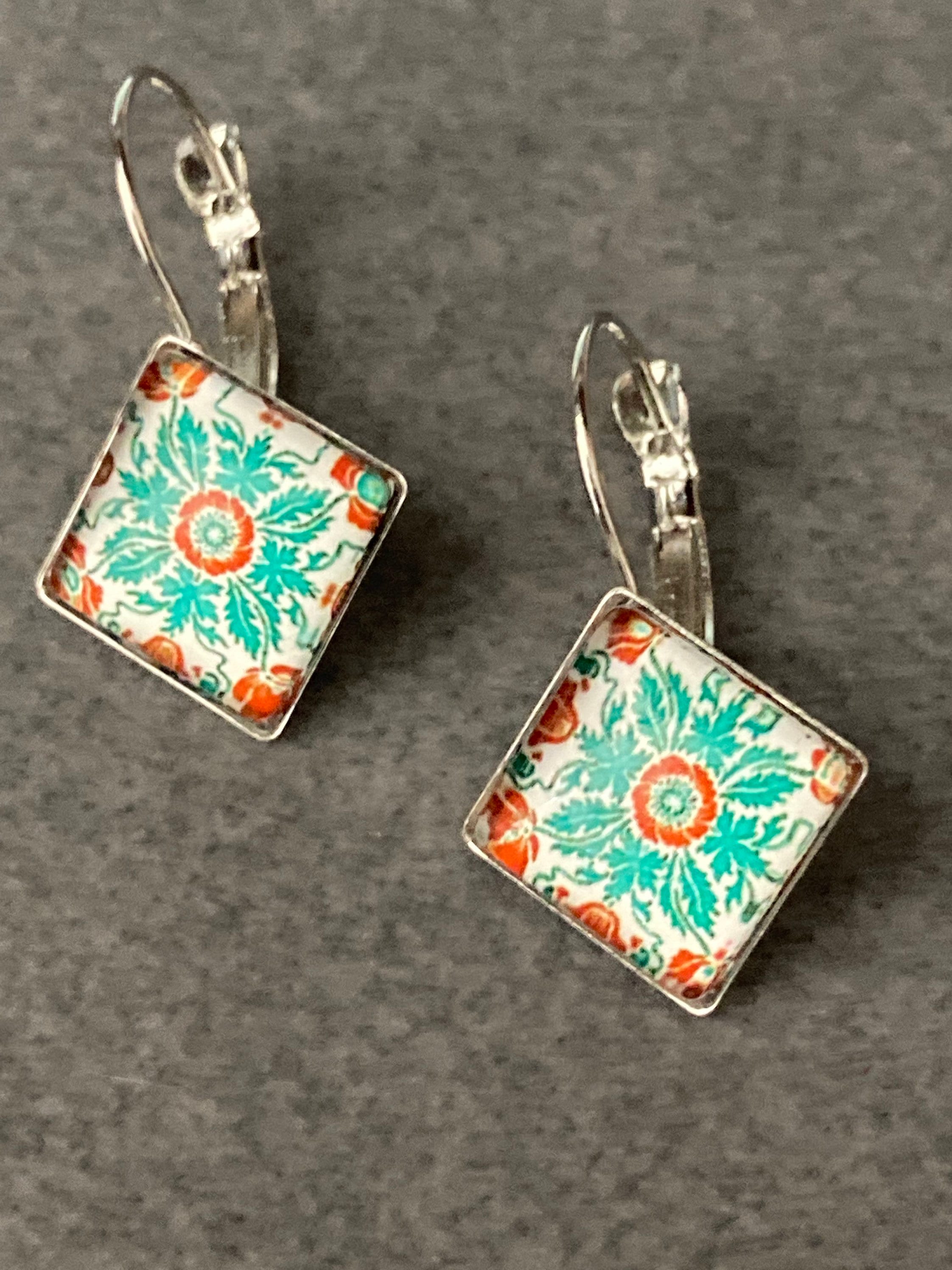 Art nouveau green tile print stainless steel drop earrings