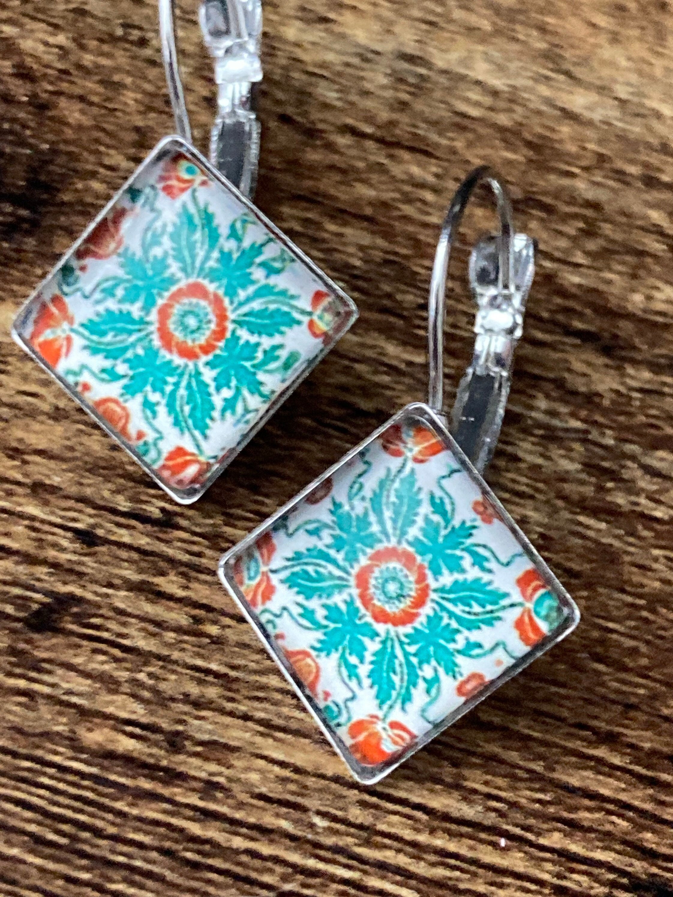 Art nouveau green tile print stainless steel drop earrings