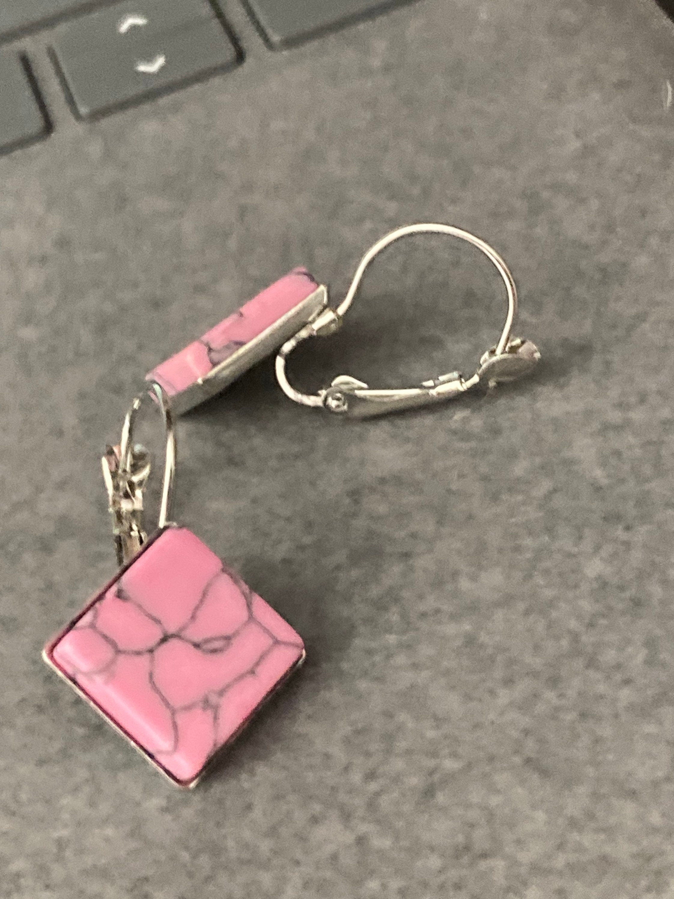 pink marble gemstone earrings stainless steel 1.5cm square natural stone tiles