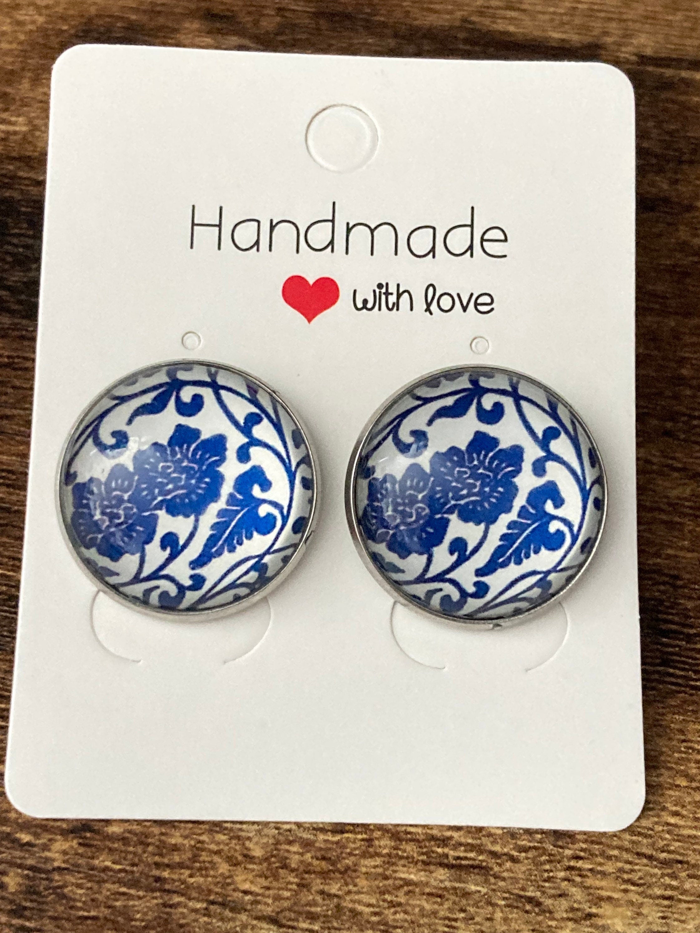 blue and white earrings floral print round glass stainless steel studs