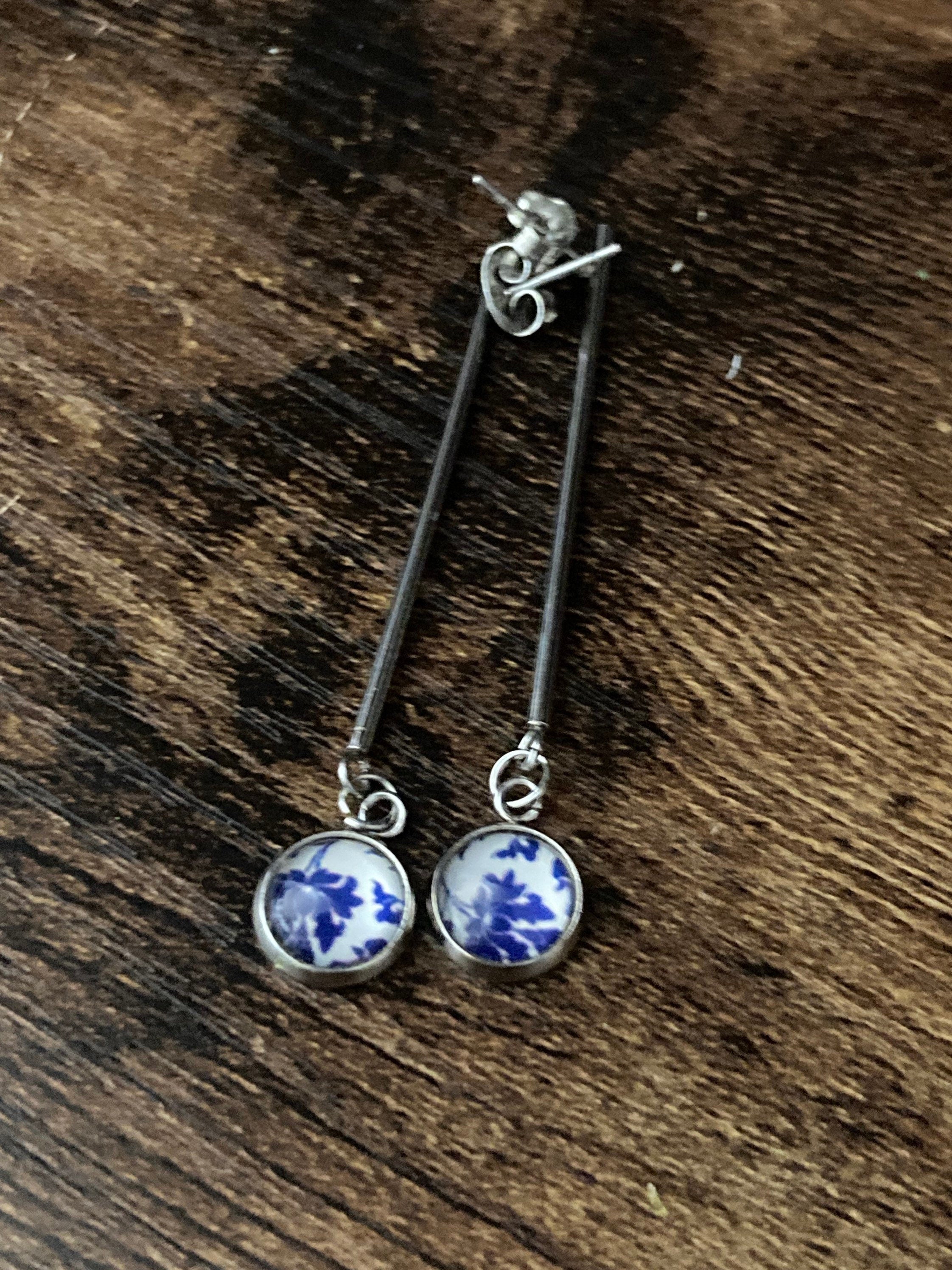 blue and white earrings floral print round glass stainless steel studs