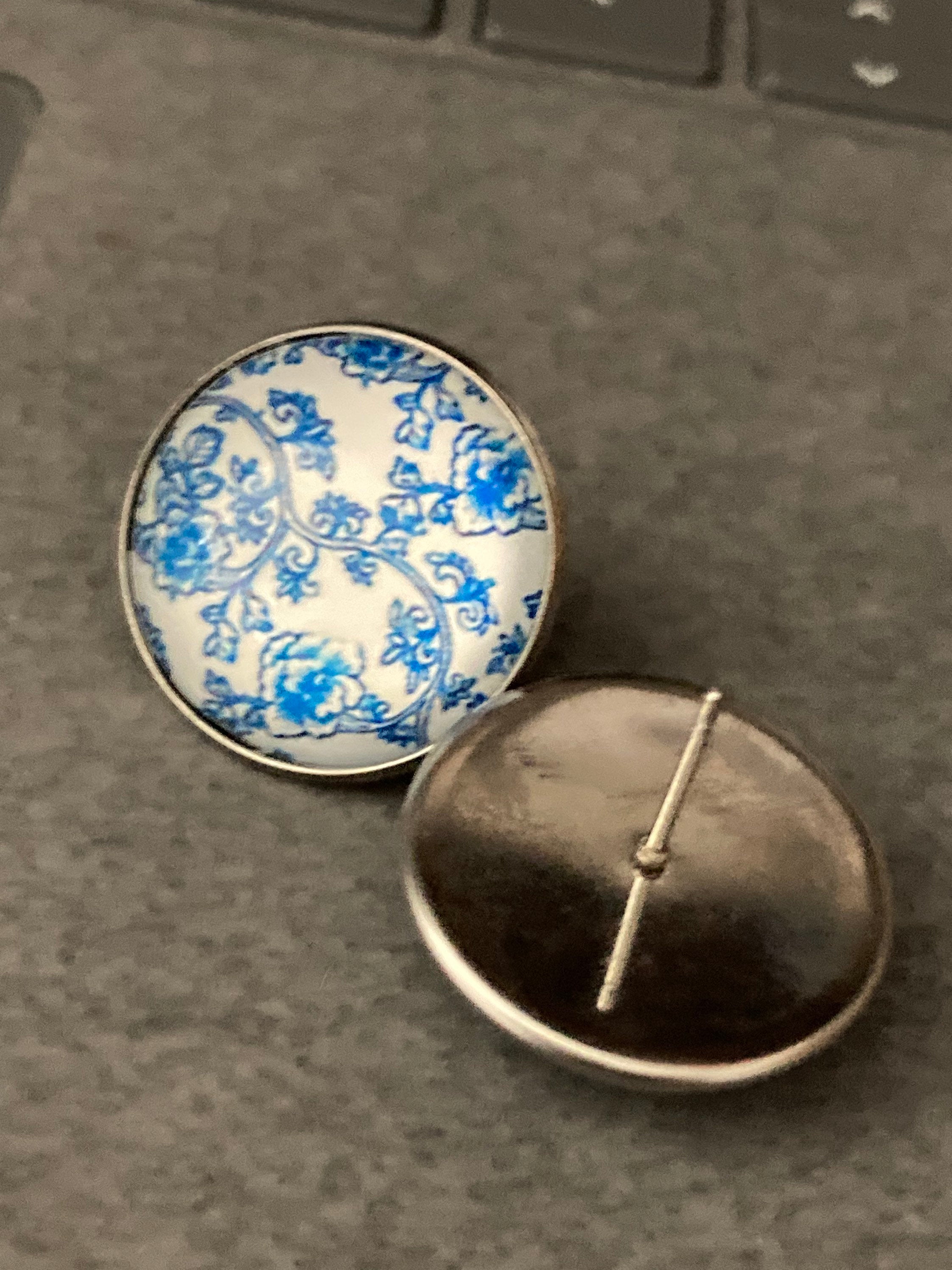 blue and white floral earrings print glass stainless steel studs