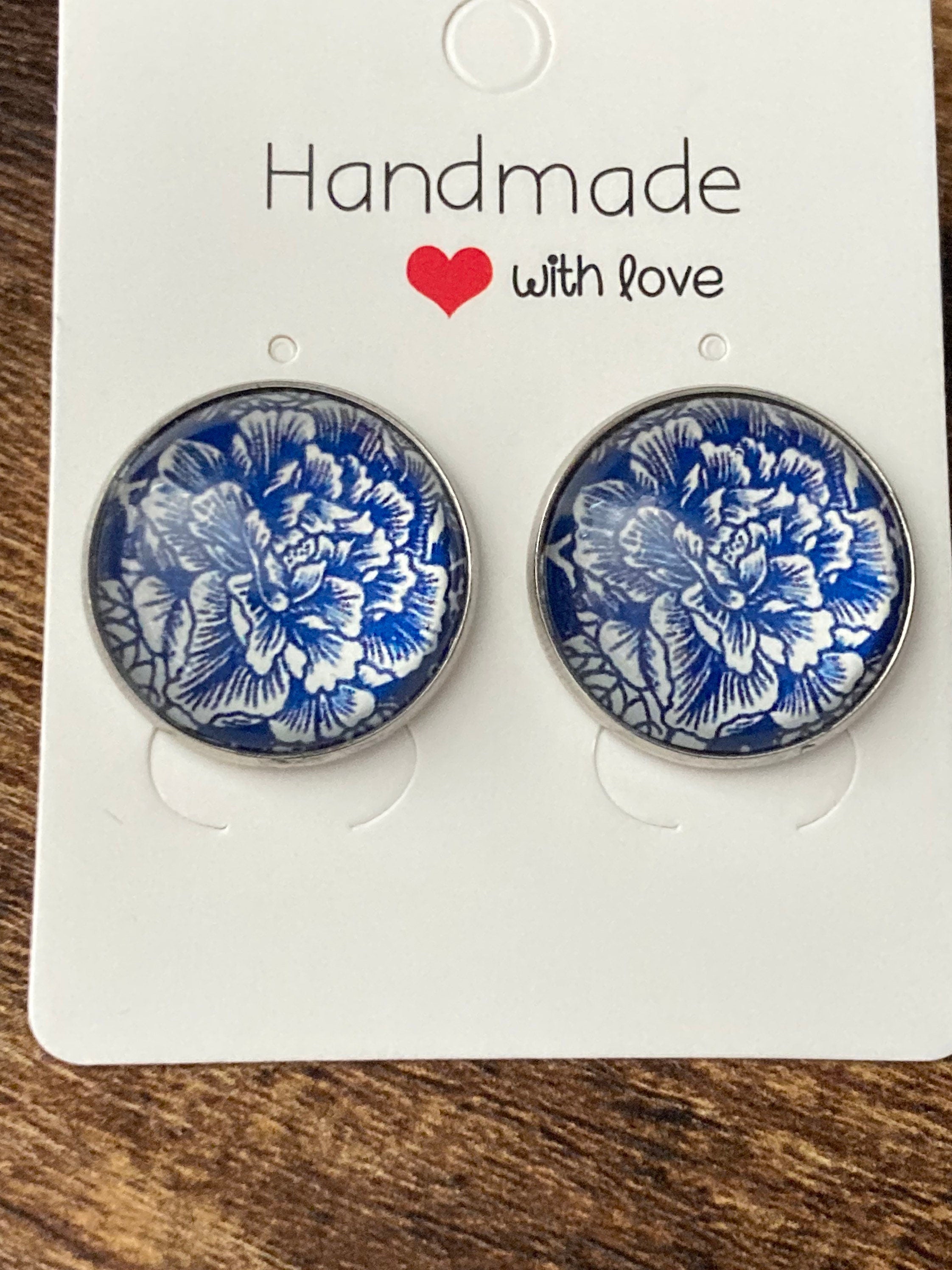 blue and white earrings floral print round glass stainless steel studs