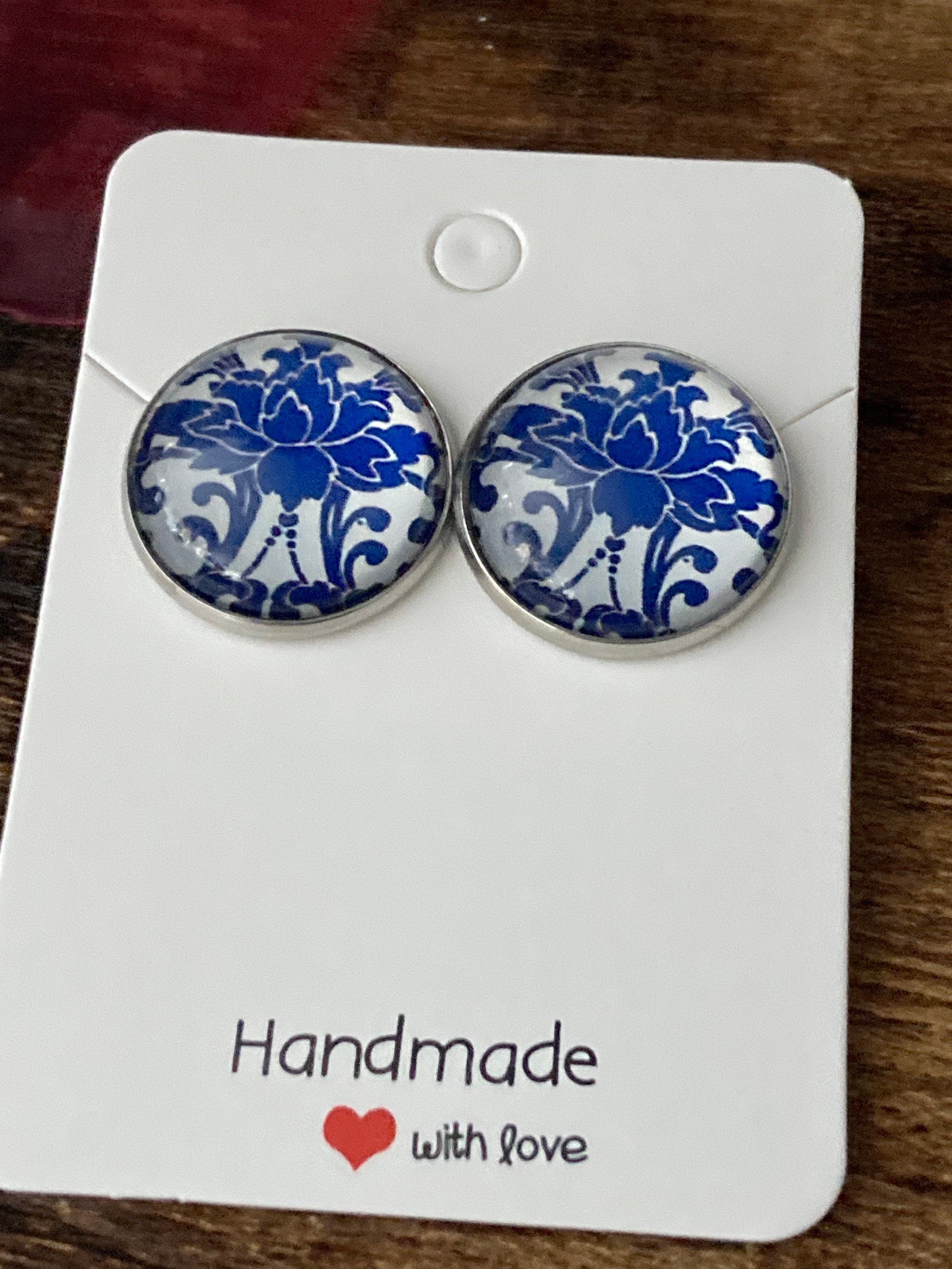 round blue and white earrings floral print glass stainless steel studs