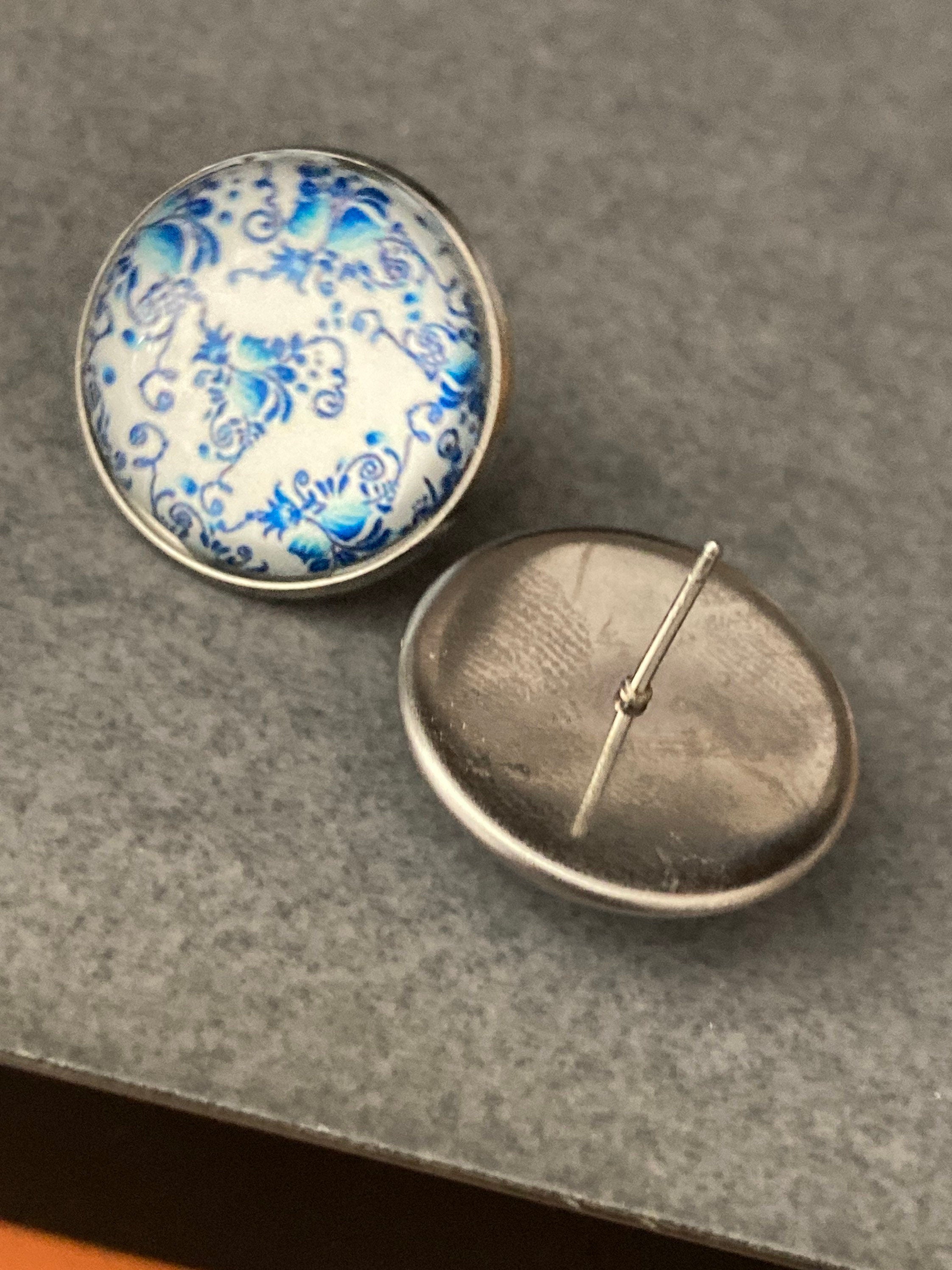 blue and white earrings floral print round glass stainless steel studs