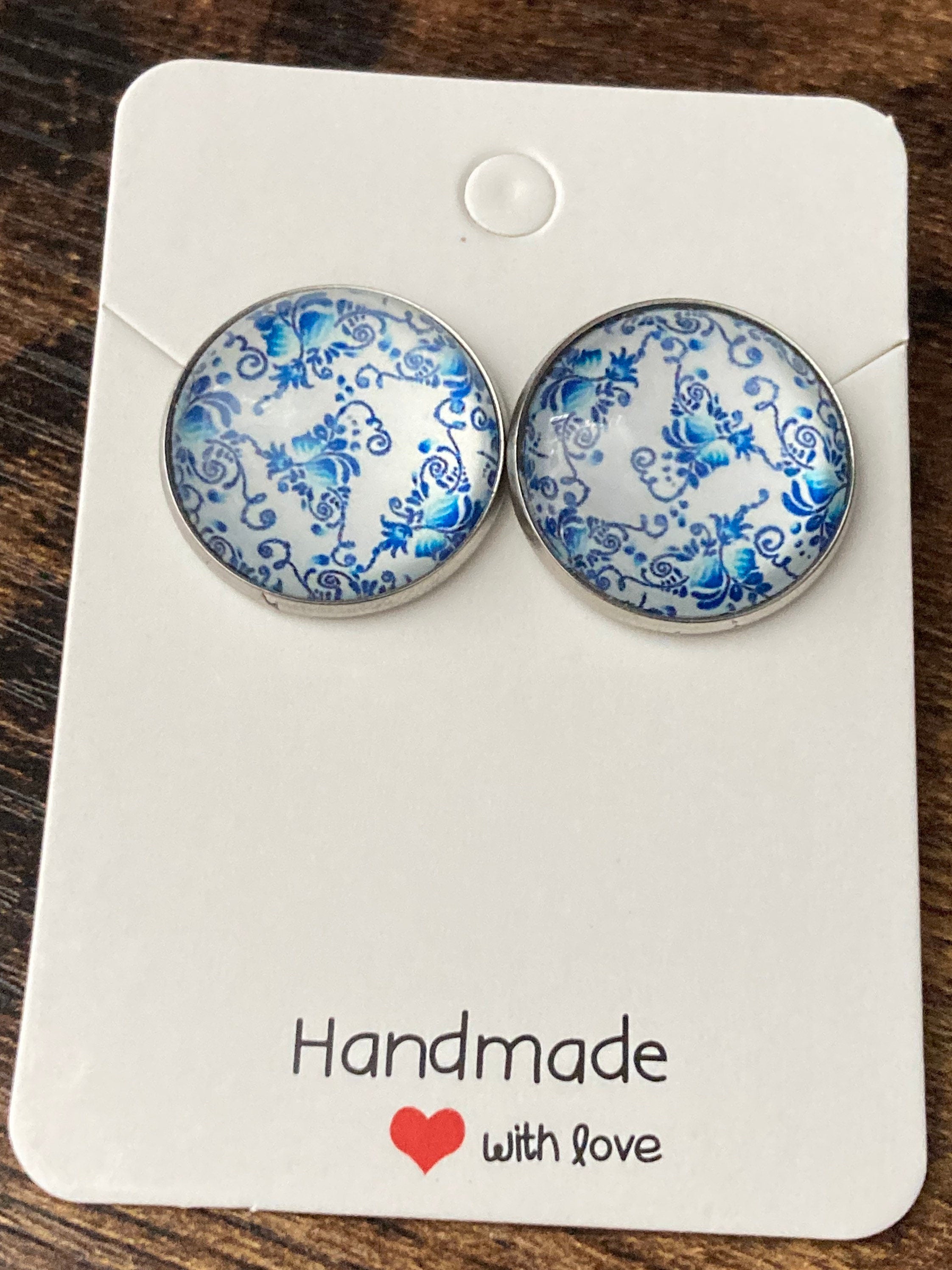 blue and white earrings floral print round glass stainless steel studs