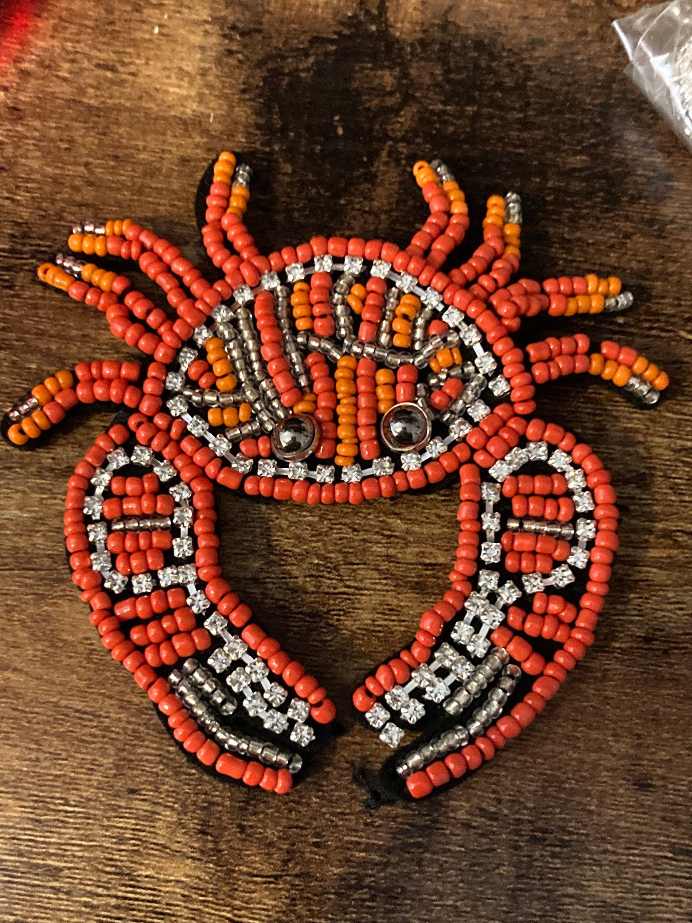 Orange Seed Bead Crab Patch: Sew-On Diamanté Appliqué (9cm x 8cm)
