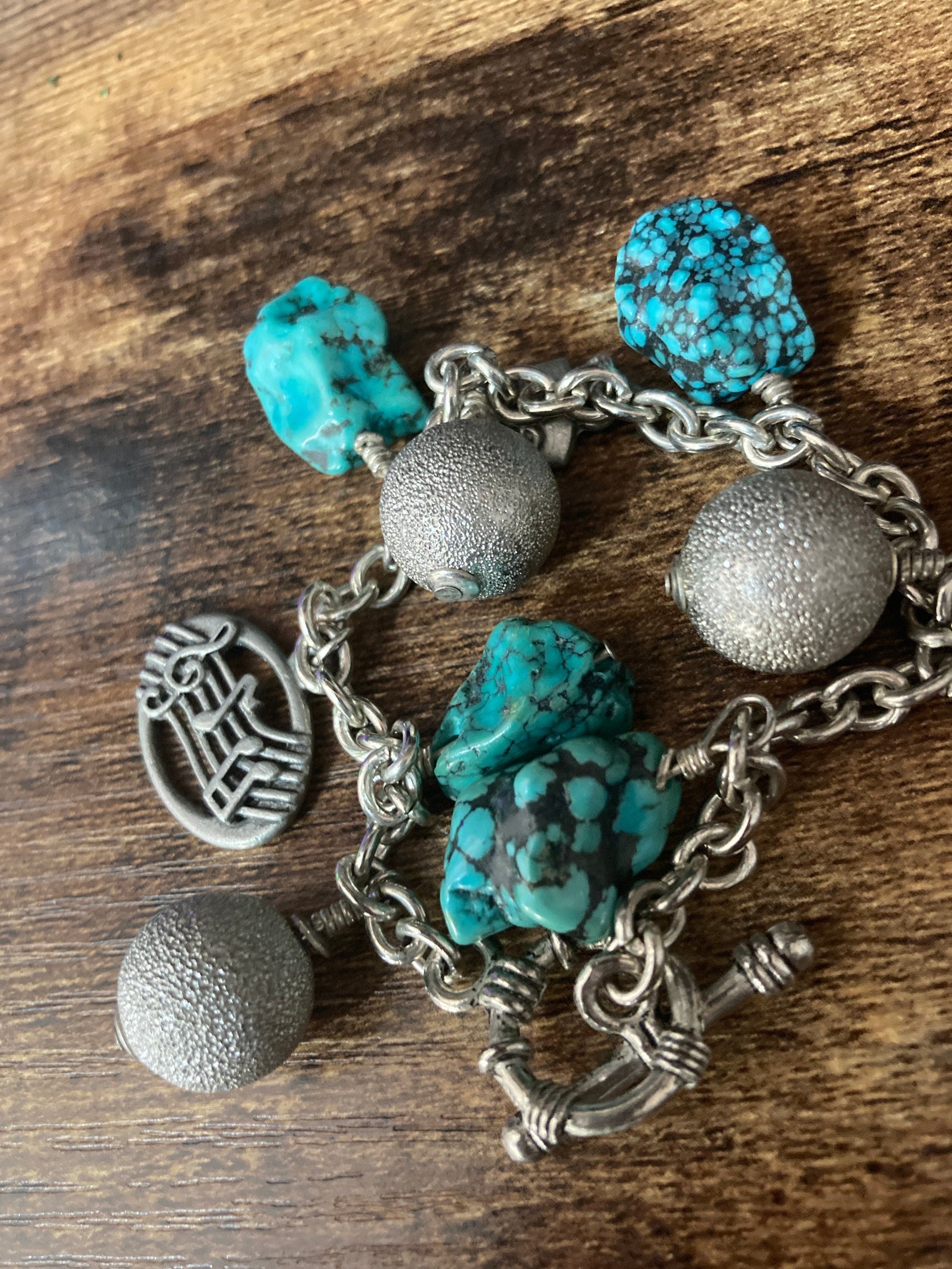 retro charm bracelet silver tone turquoise blue gemstones musical notes acting actor themed 20cm