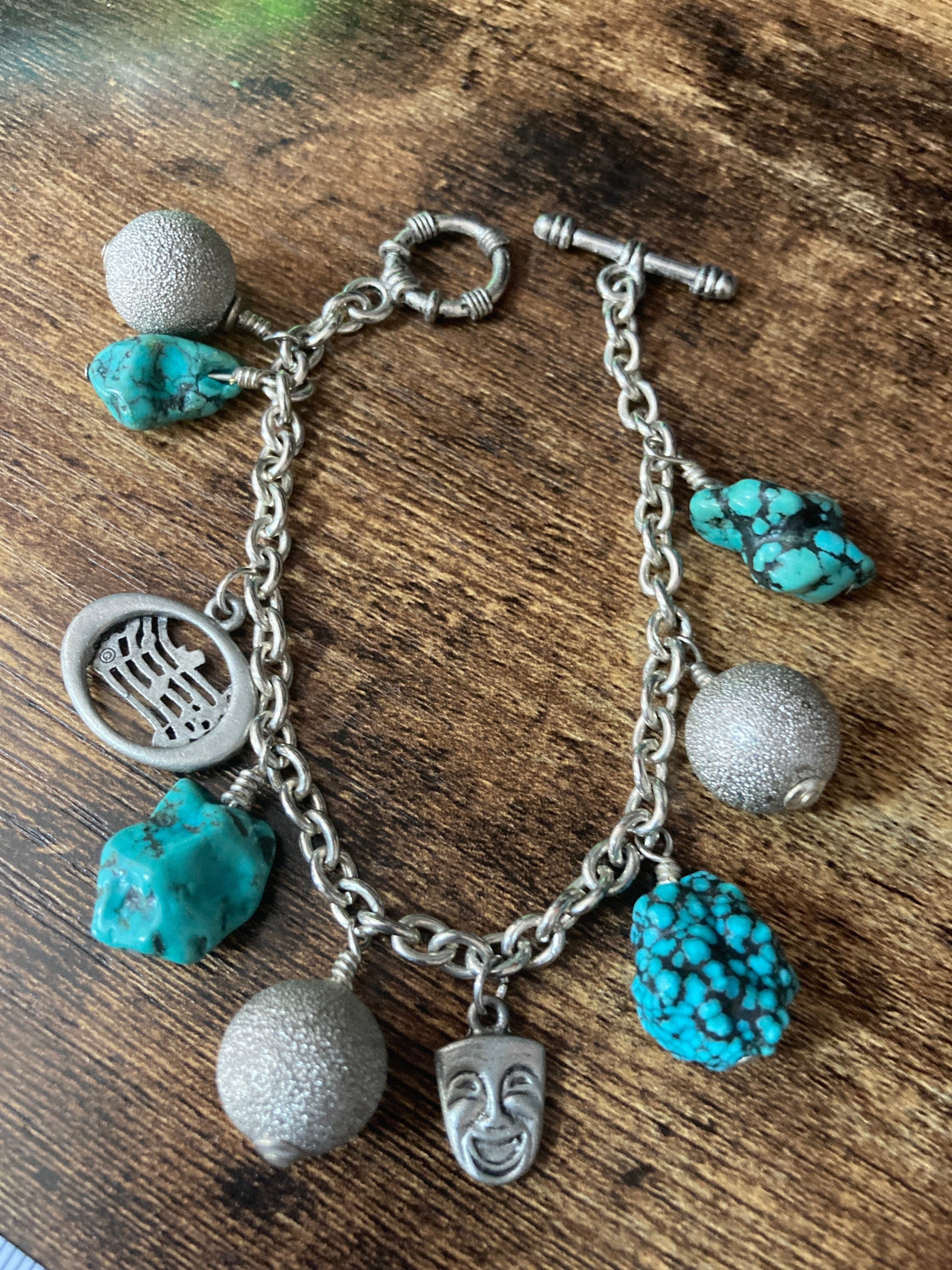 retro charm bracelet silver tone turquoise blue gemstones musical notes acting actor themed 20cm