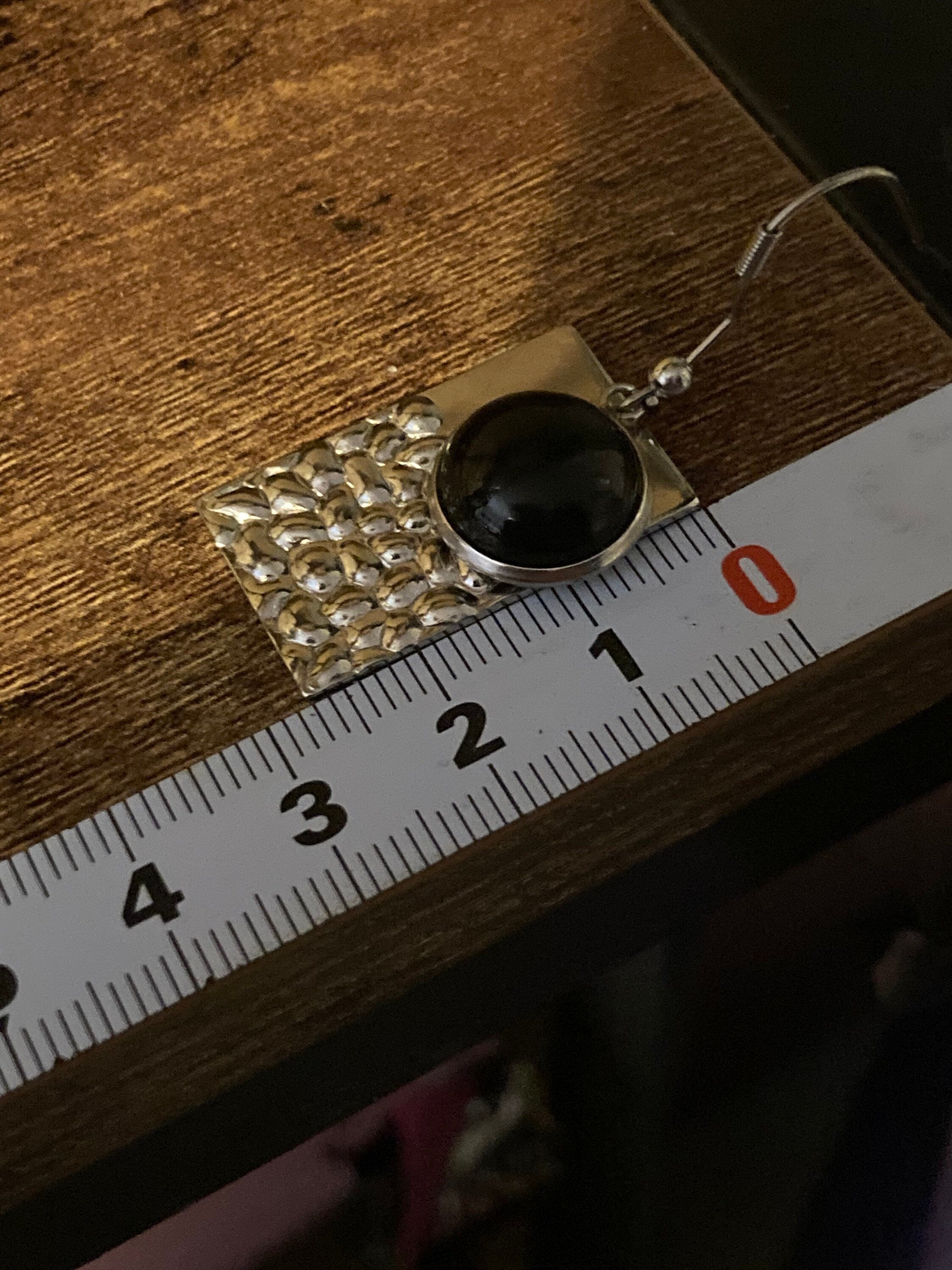 Black agate gemstone dangly earrings stainless steel planished metal