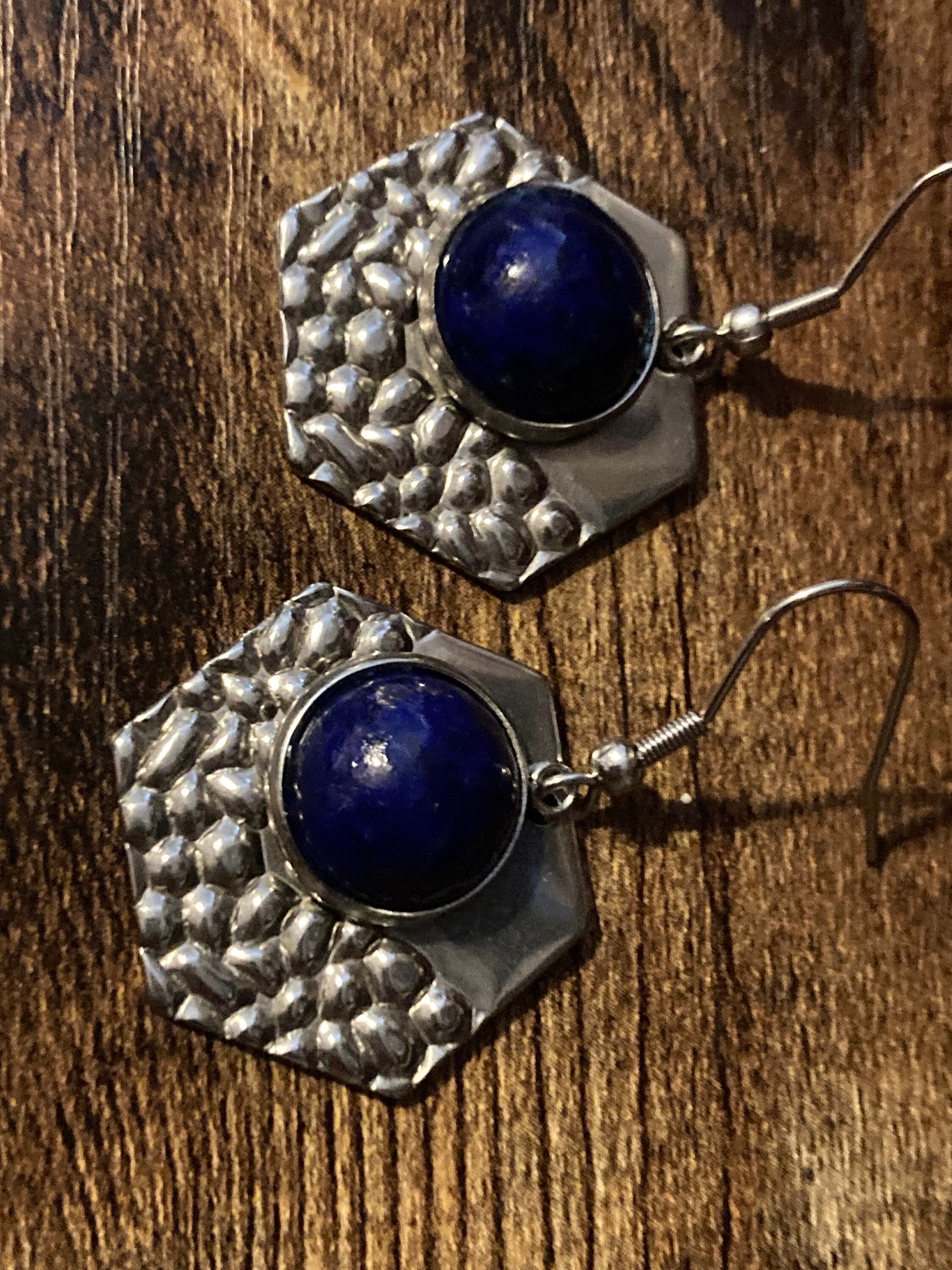 textured stainless steel silver tone hexagon drop earrings with natural blue lapis lazuli gemstone