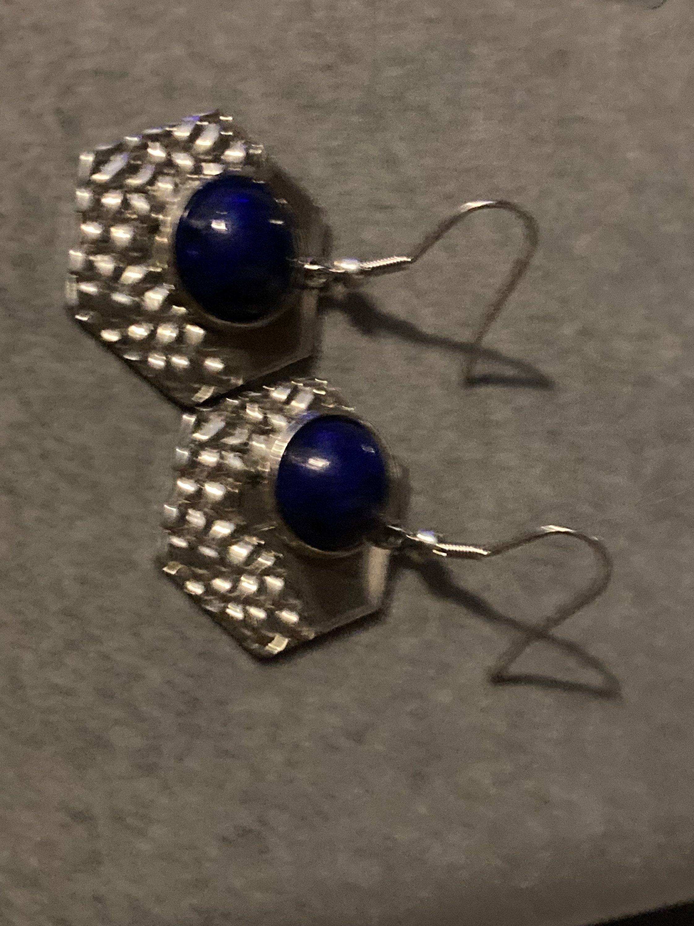 textured stainless steel silver tone hexagon drop earrings with natural blue lapis lazuli gemstone