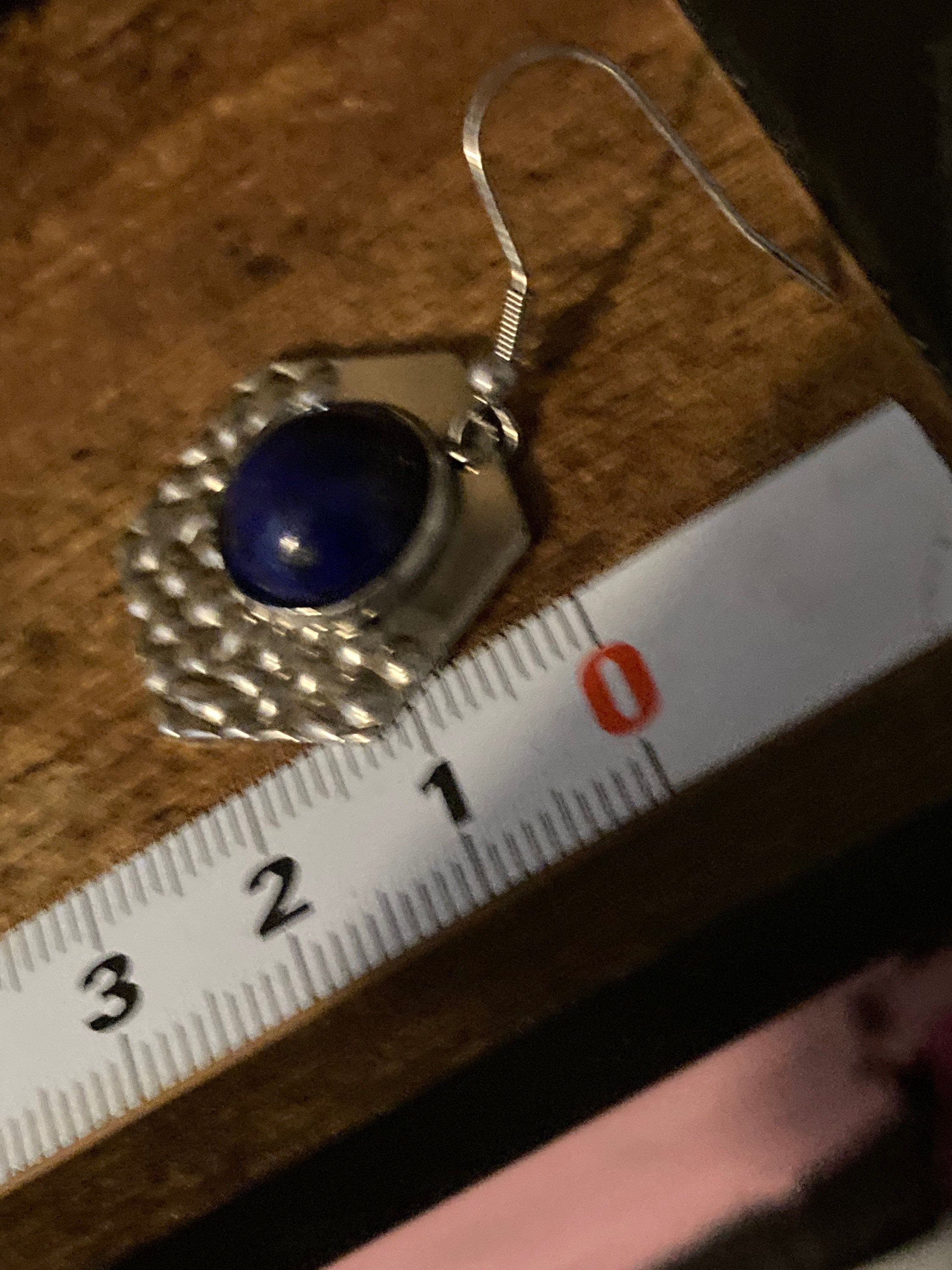 textured stainless steel silver tone hexagon drop earrings with natural blue lapis lazuli gemstone