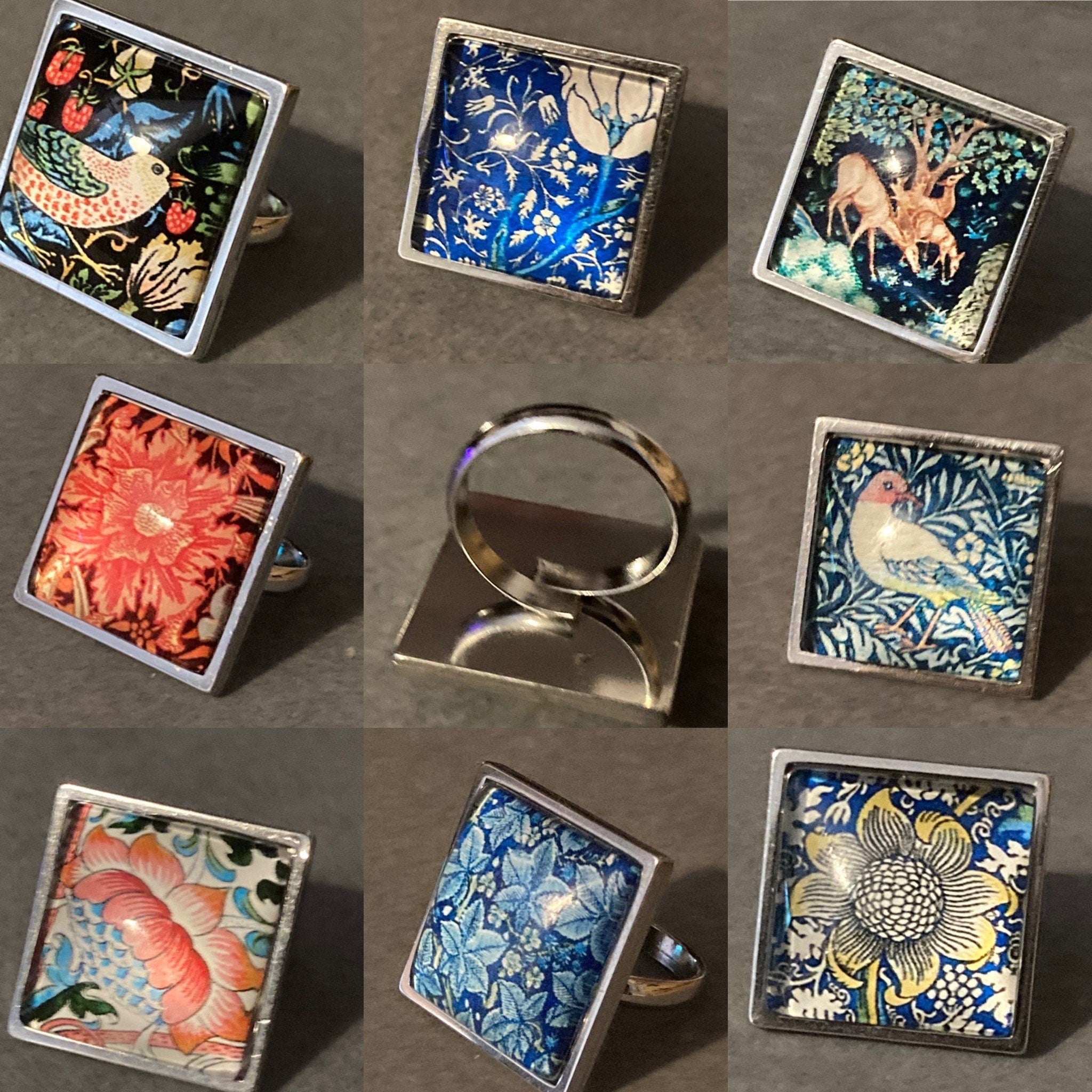 Oversized William Morris print strawberry thief ring BIRD design square glass cabochon adjustable 2cm