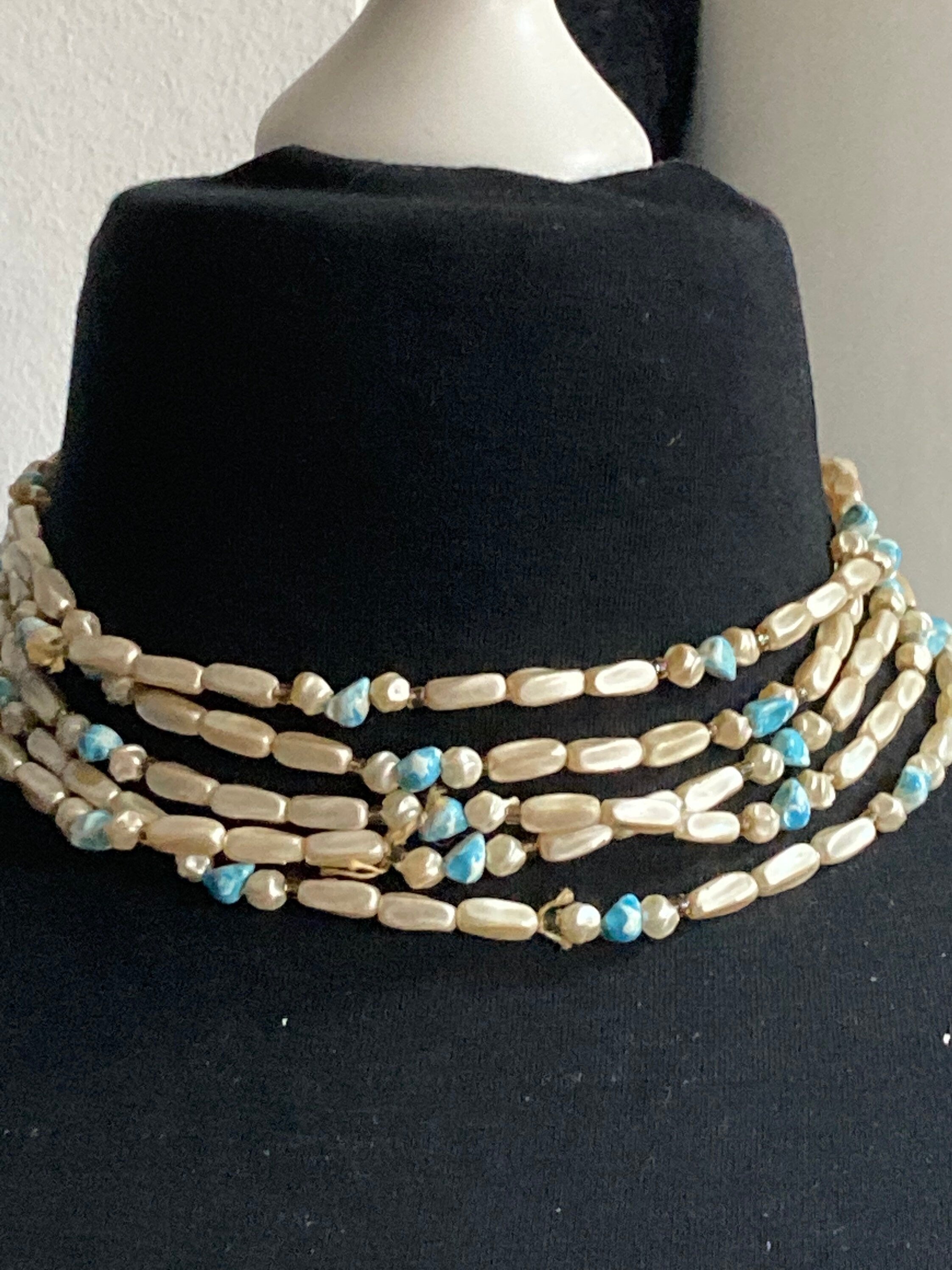 AF Signed HONG KONG Vintage necklace 1960s multi strand blue cream plastic pearl beaded wide collar