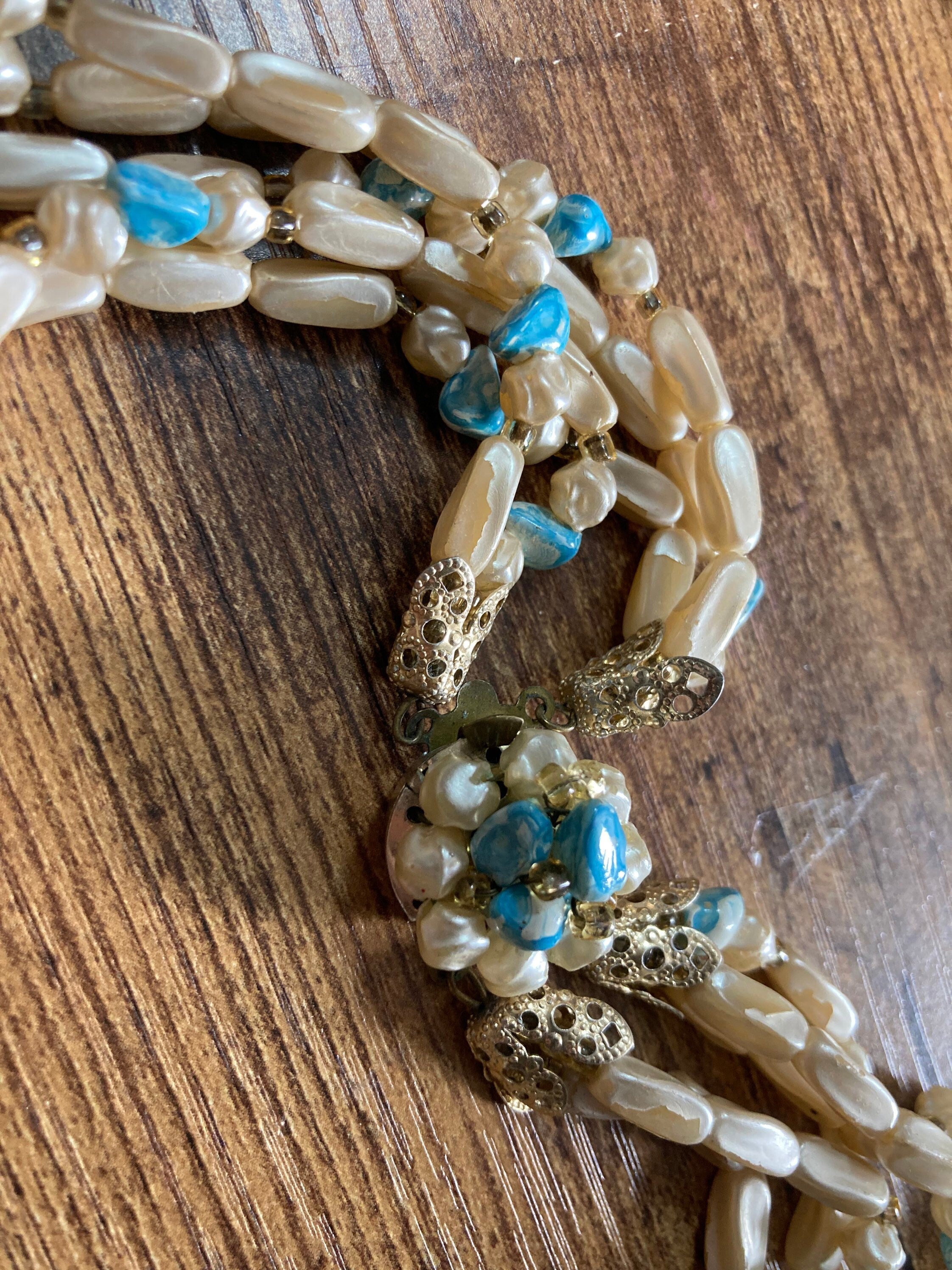 AF Signed HONG KONG Vintage necklace 1960s multi strand blue cream plastic pearl beaded wide collar