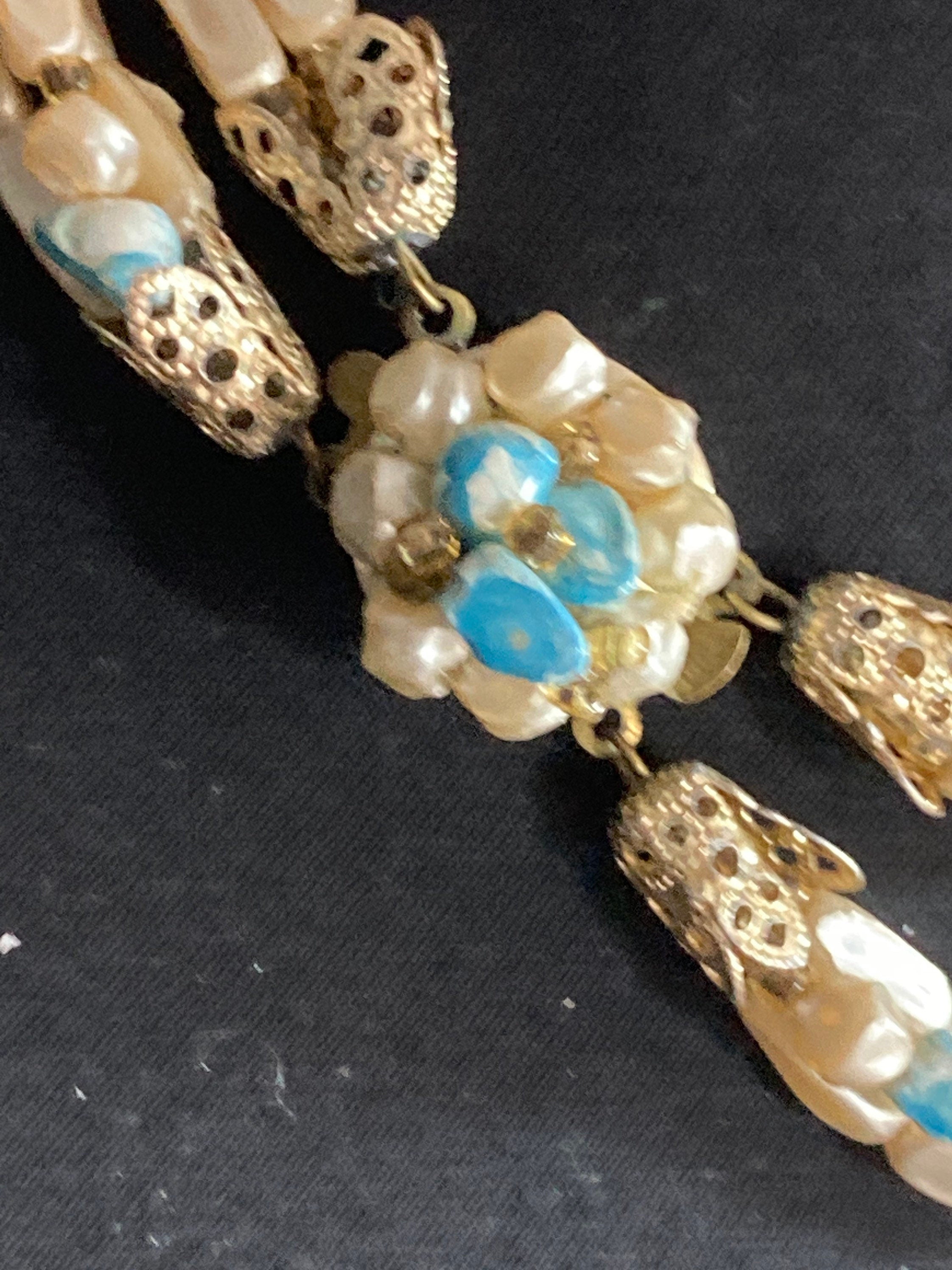 AF Signed HONG KONG Vintage necklace 1960s multi strand blue cream plastic pearl beaded wide collar
