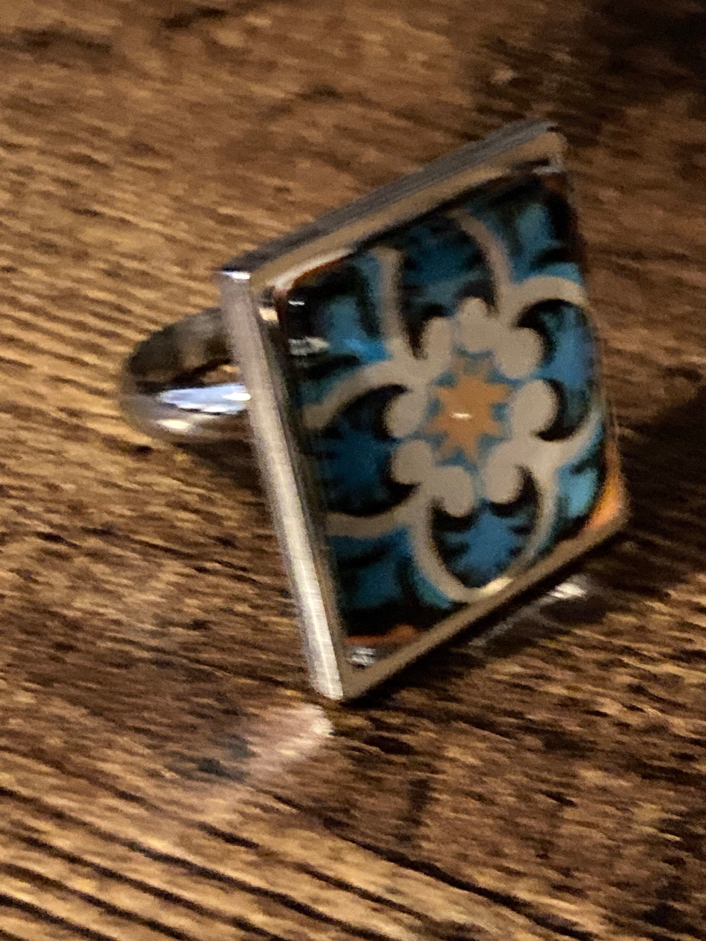 Victorian Tile Ring: Abstract Art Nouveau Glass Cabochon, Silver Tone