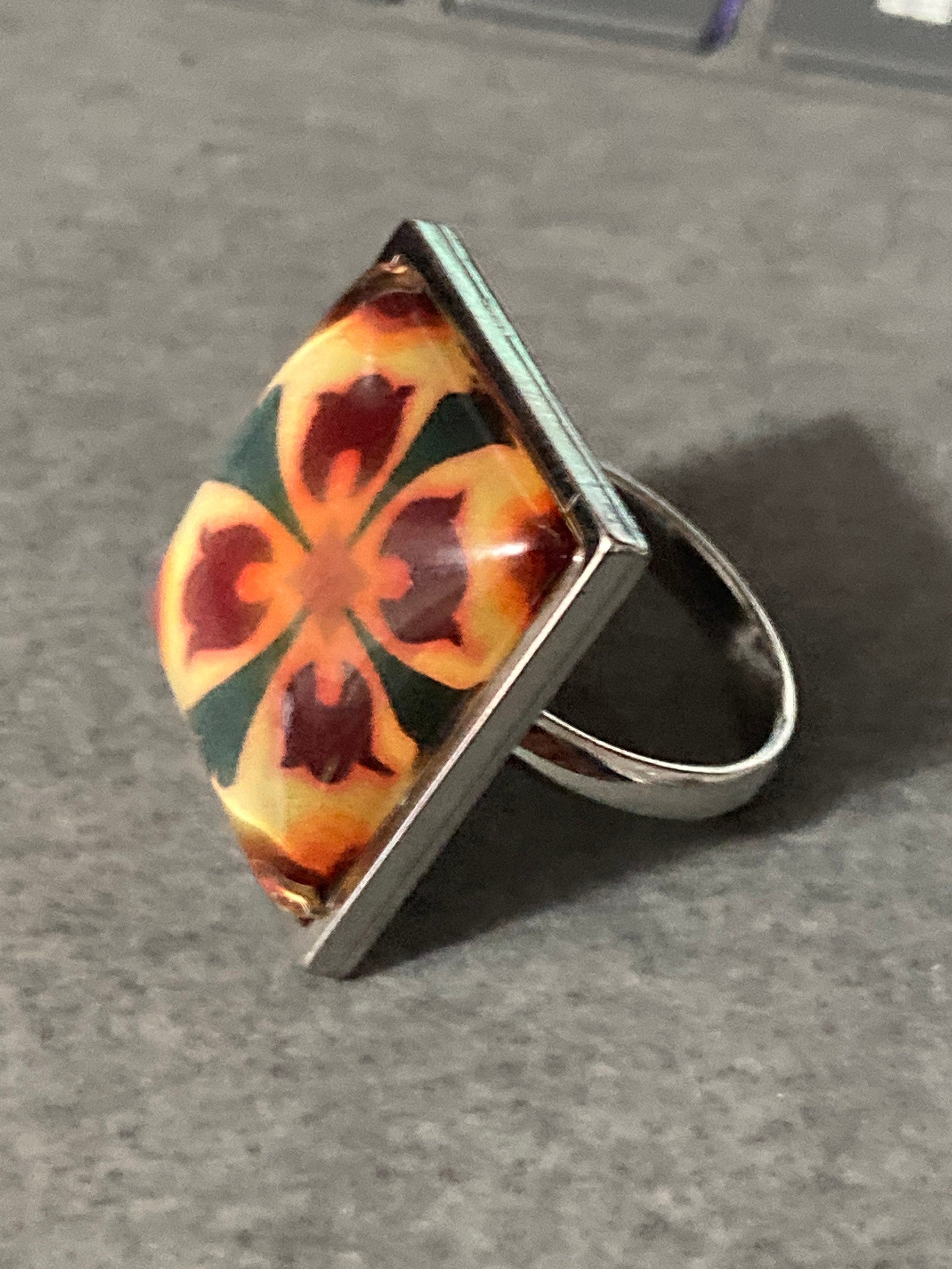 Victorian Tile Ring: Oversized Silver Tone Art Nouveau Adjustable Ring