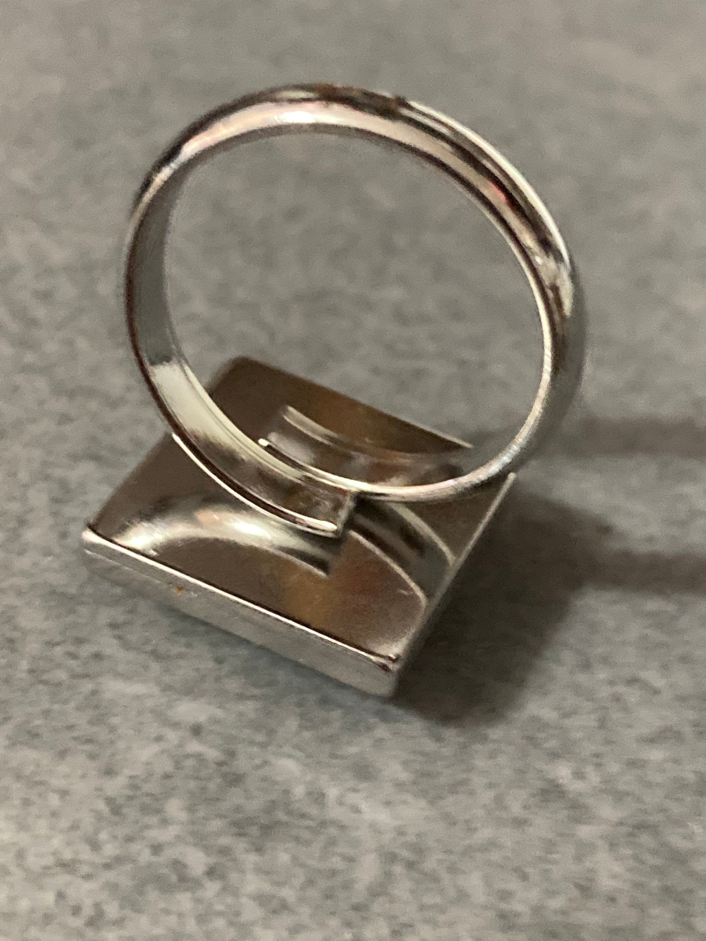 William morris print ring stainless steel blue floral square glass adj size N O P Q R S