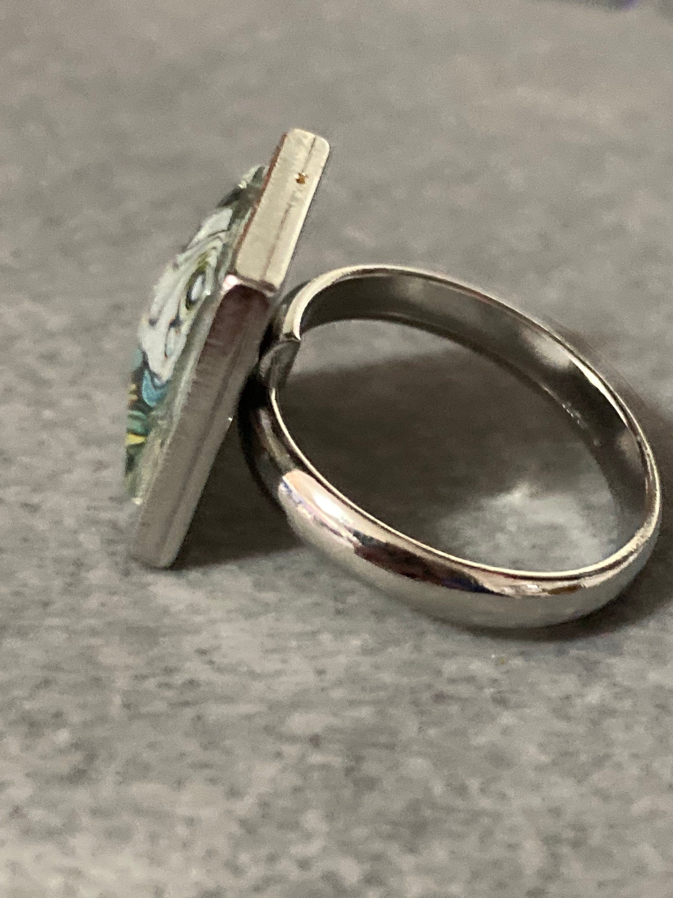 art nouveau style floral ring 12.5mm stainless steel square tile glass cabochon adjustable size