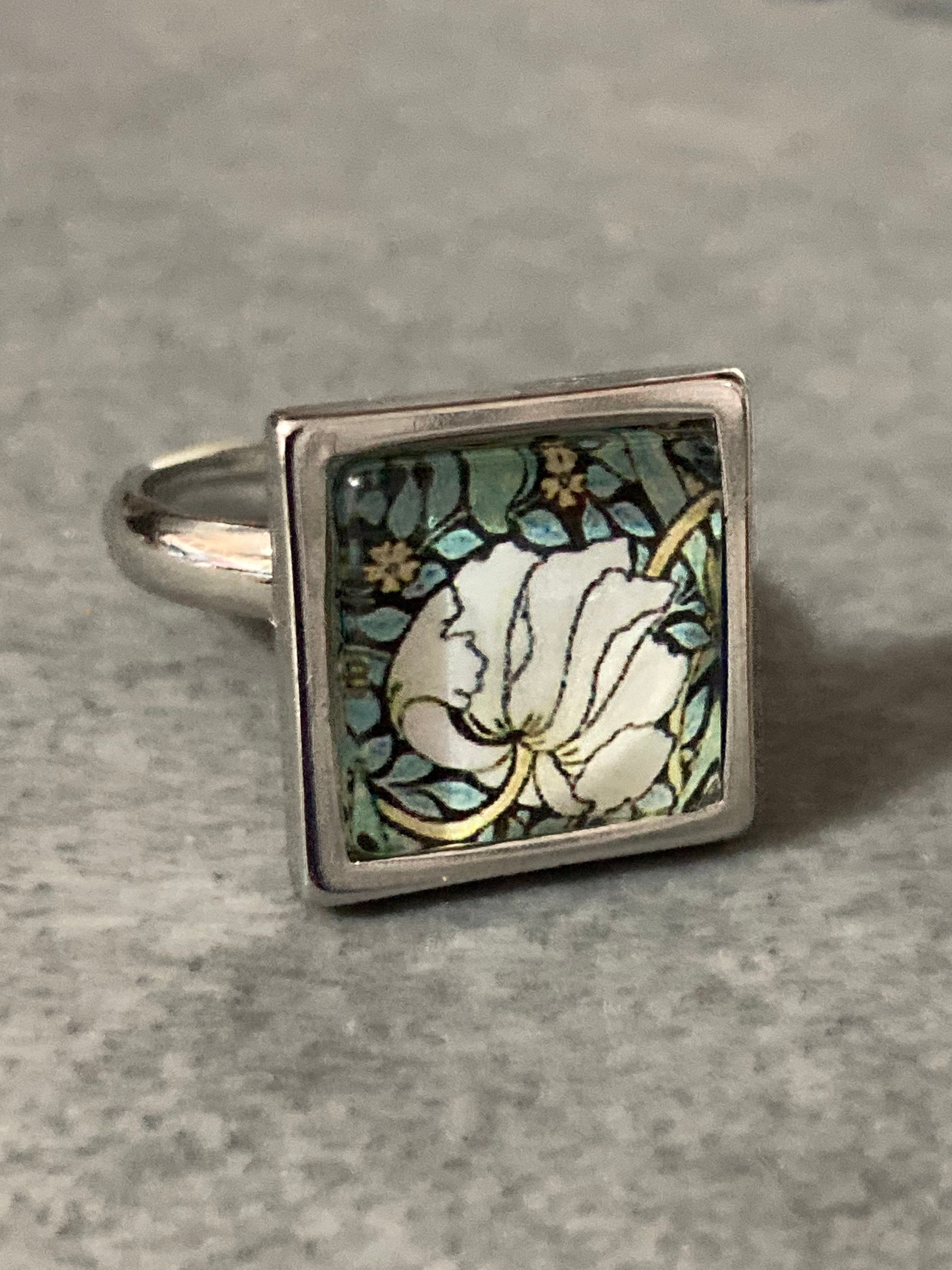 art nouveau style floral ring 12.5mm stainless steel square tile glass cabochon adjustable size