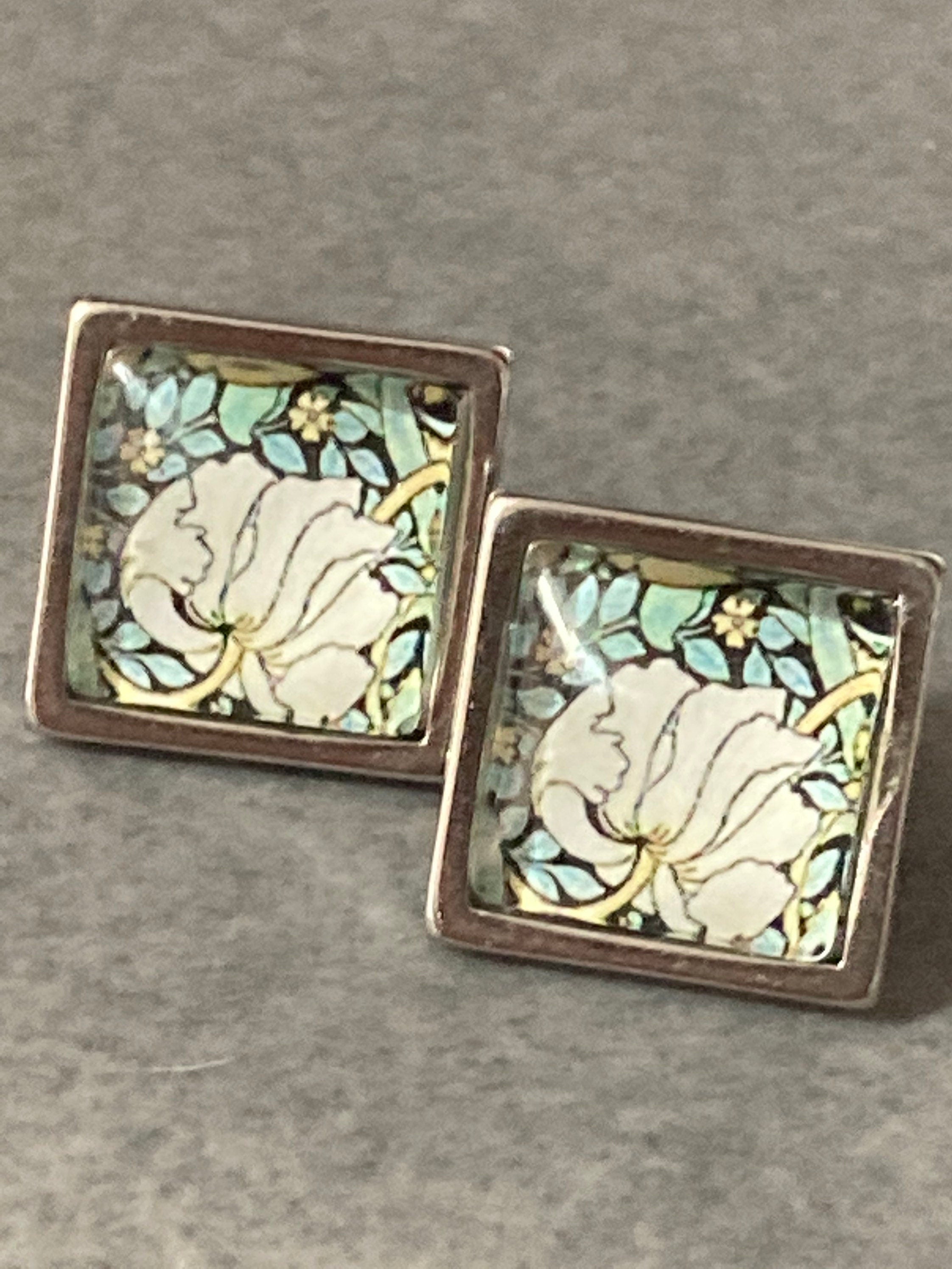 square glass tile floral flower silver stud earrings art nouveau style Handmade stainless steel