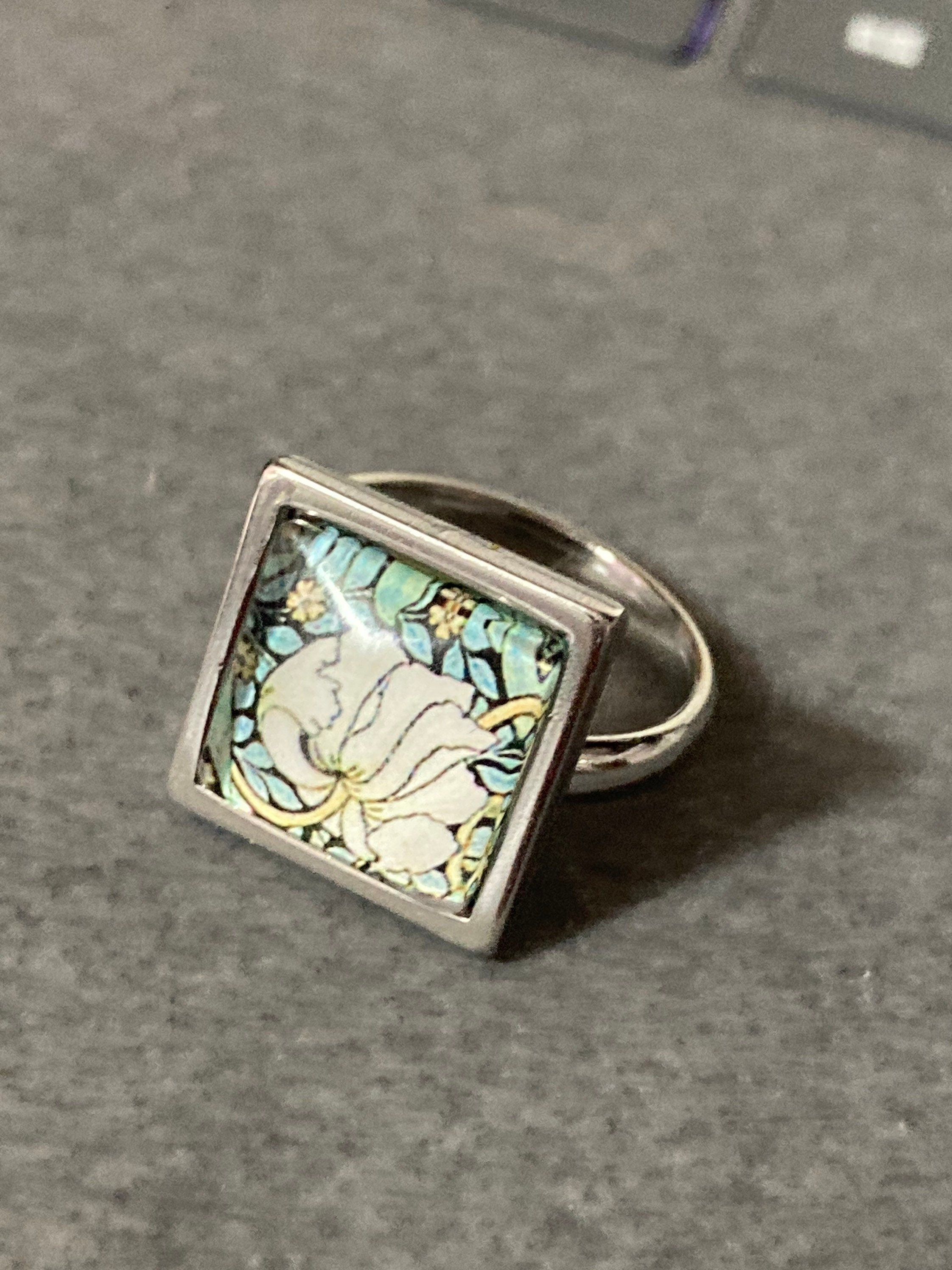 square glass tile floral flower silver stud earrings art nouveau style Handmade stainless steel