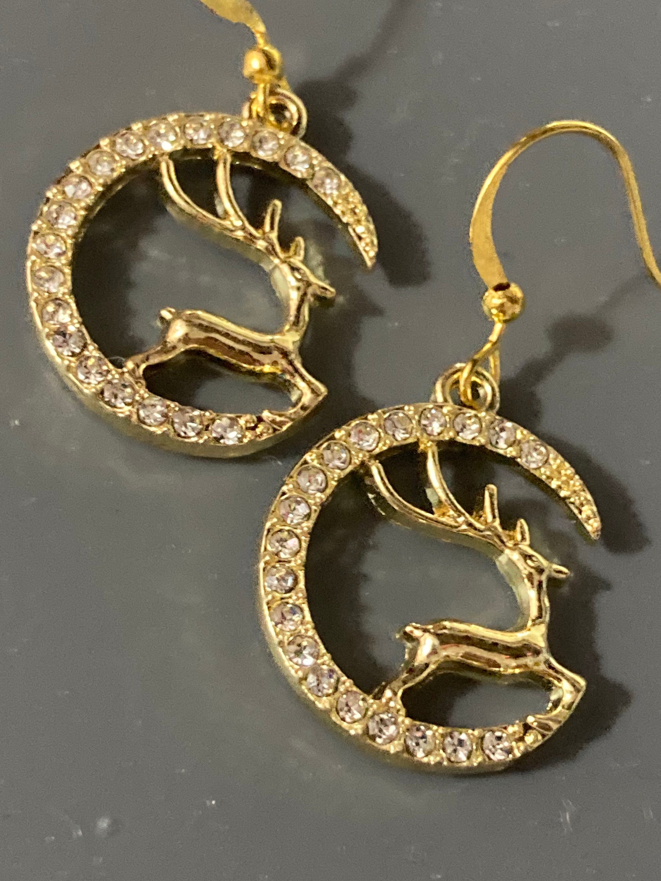 Christmas flying reindeer clear diamanté bling drop earrings l