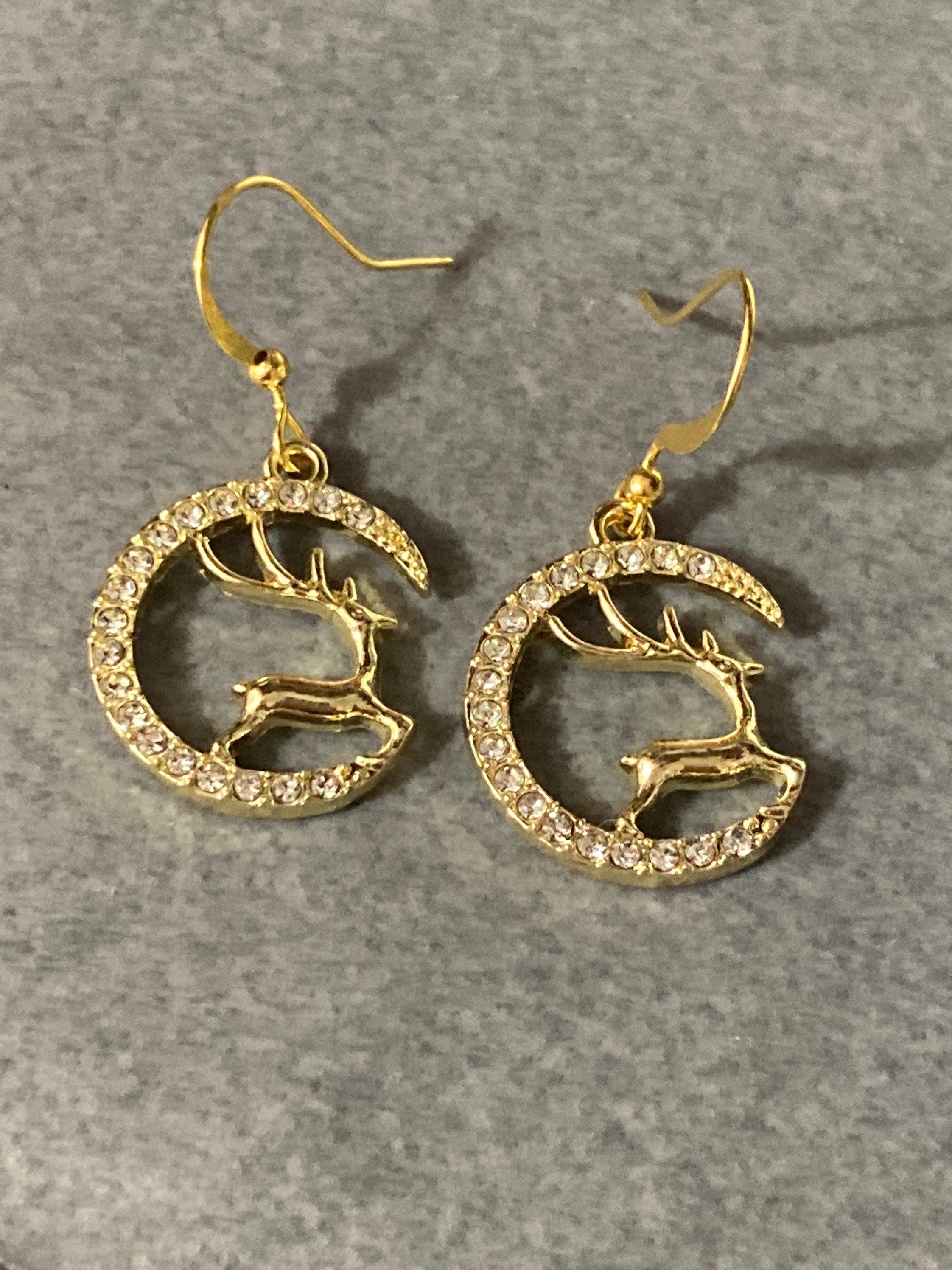 Christmas flying reindeer clear diamanté bling drop earrings l