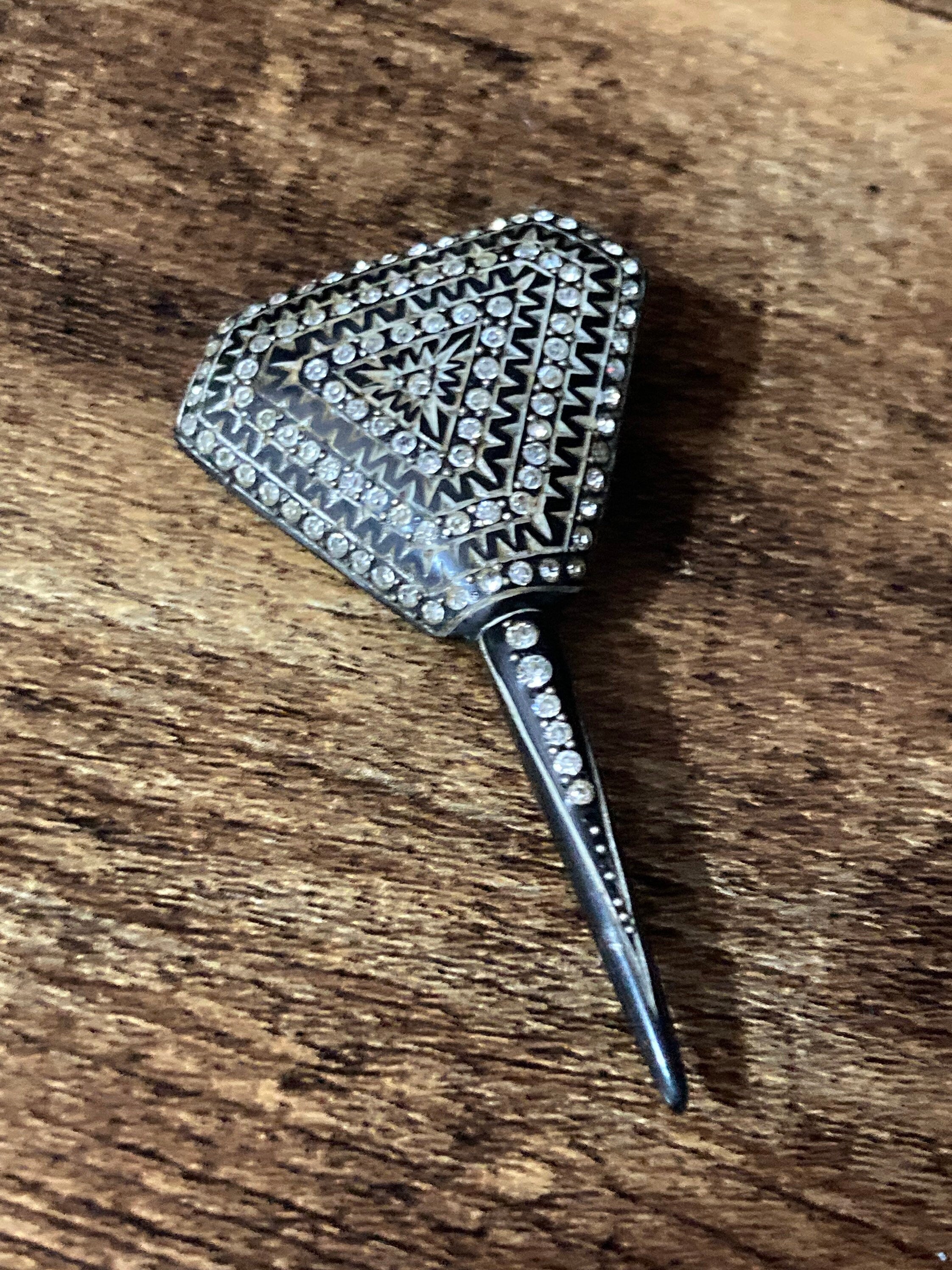 Art Deco Rhinestone Hat Pin: Black Bakelite Pique Work