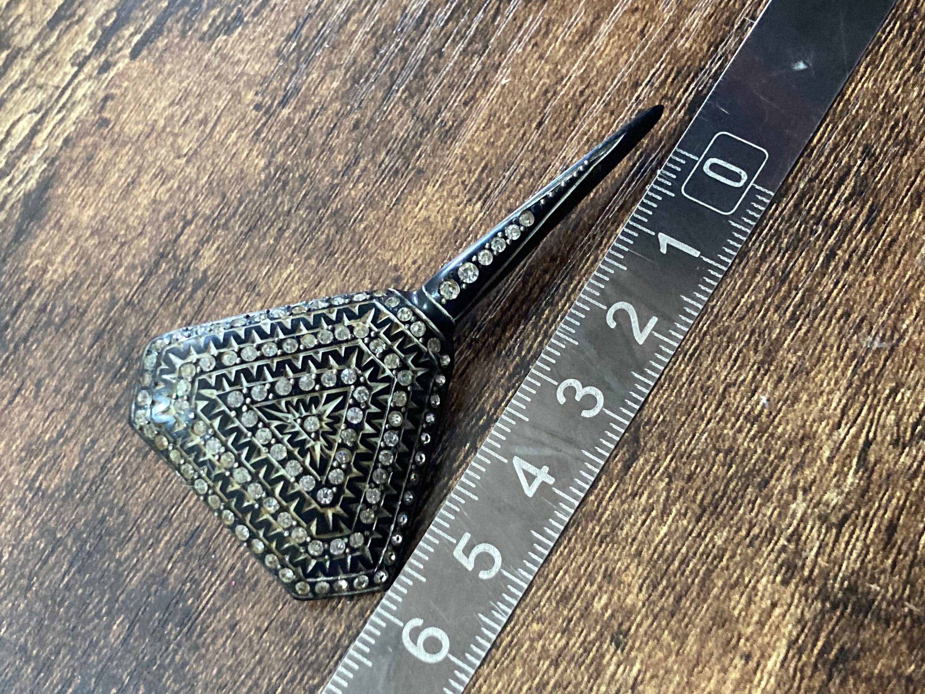 Art Deco Rhinestone Hat Pin: Black Bakelite Pique Work