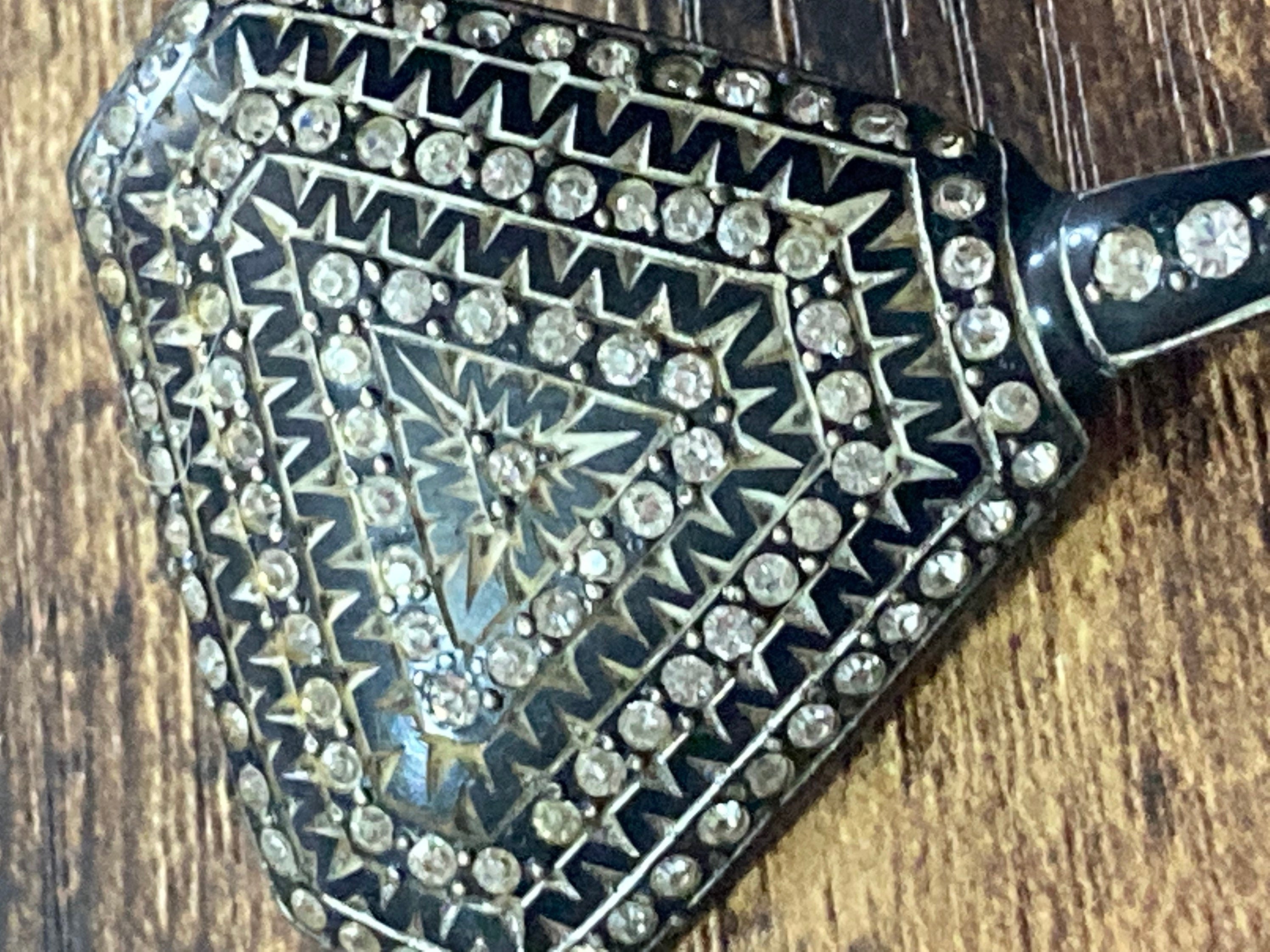 Art Deco Rhinestone Hat Pin: Black Bakelite Pique Work
