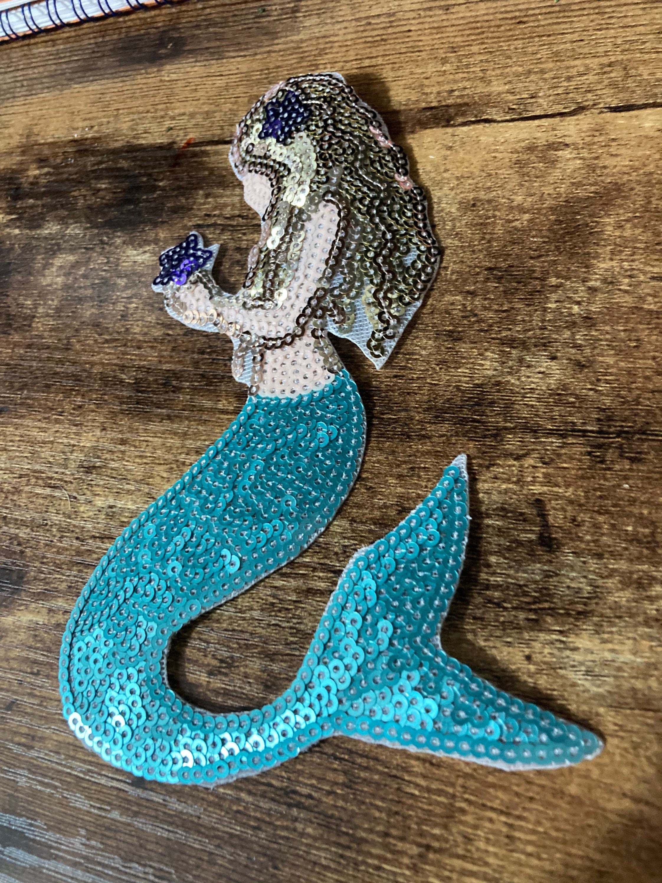 Large Iron On Mermaid Patch: Turquoise Blue & Gold Appliqué (8cm x 15cm)