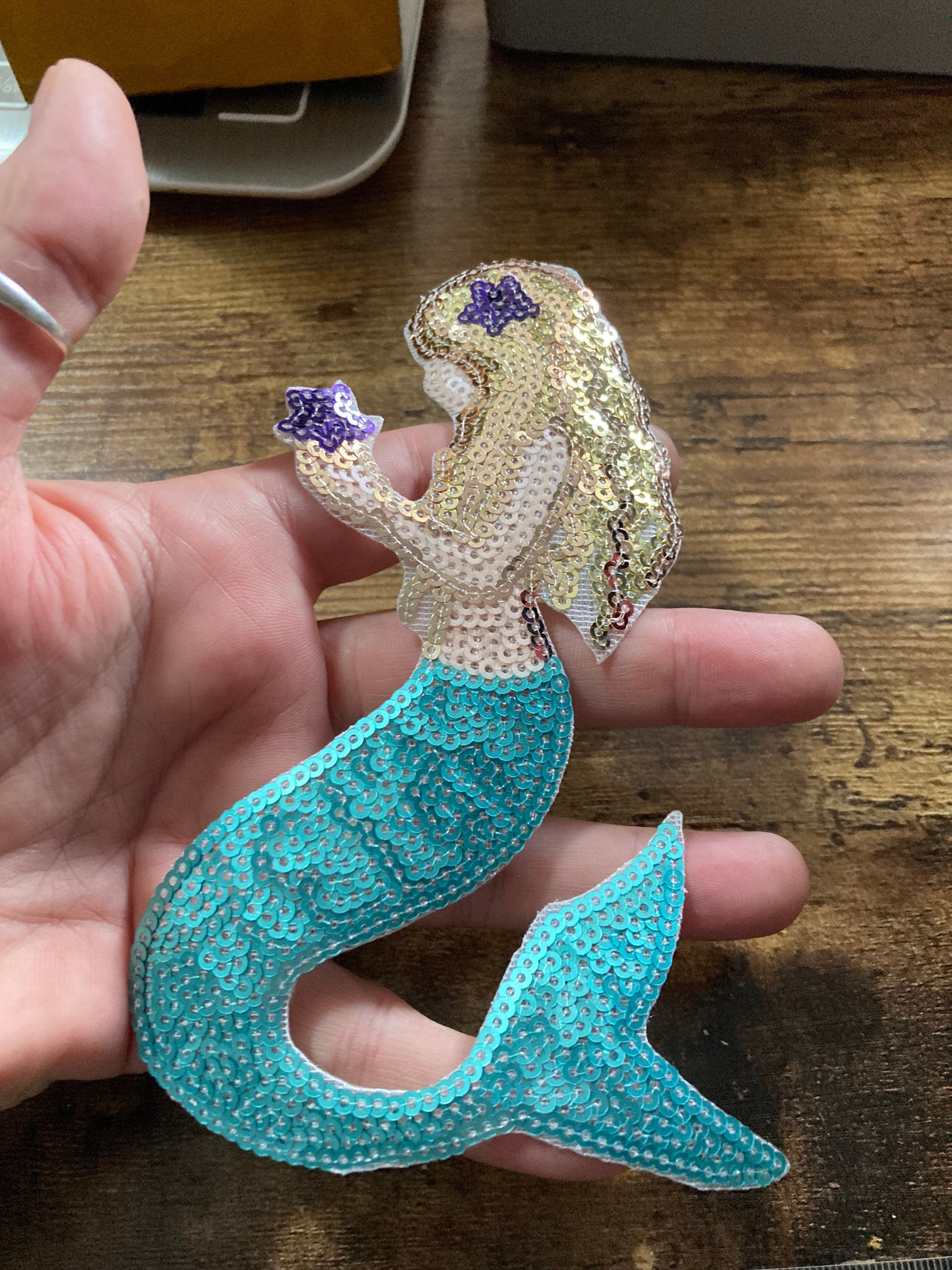 Large Iron On Mermaid Patch: Turquoise Blue & Gold Appliqué (8cm x 15cm)