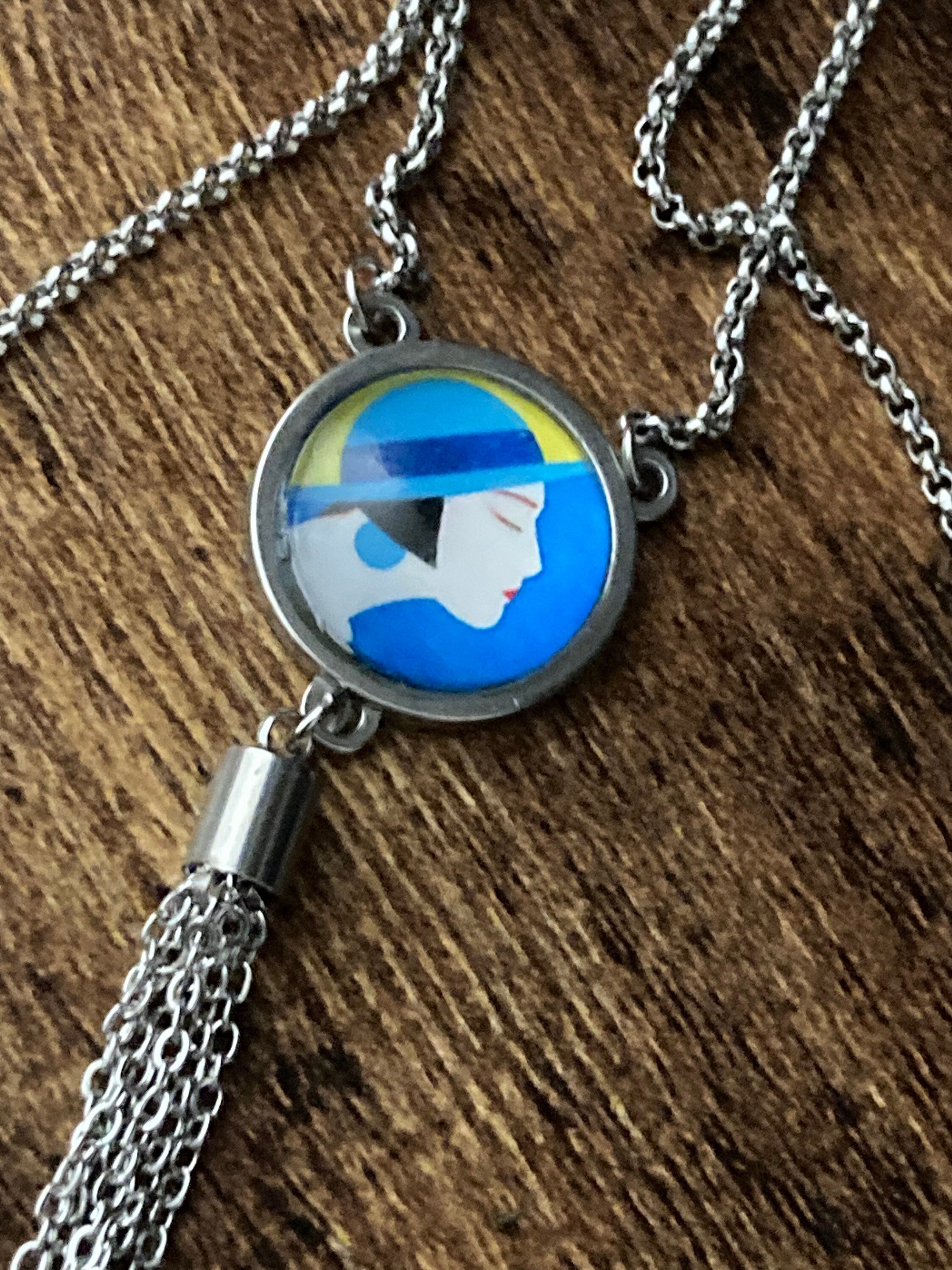 Art Deco lady silver tassel lariat necklace