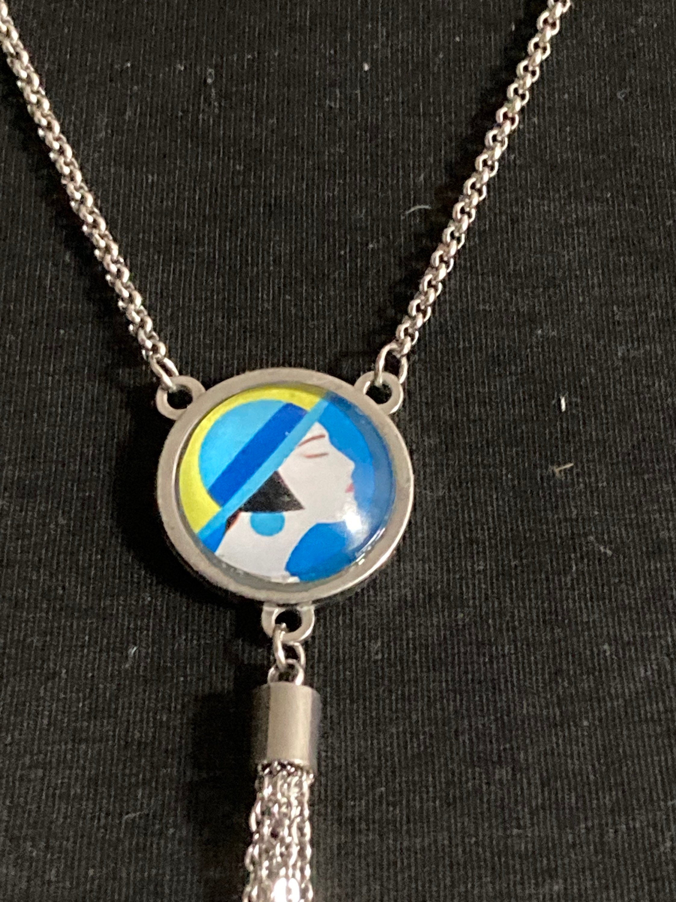 Art Deco lady silver tassel lariat necklace