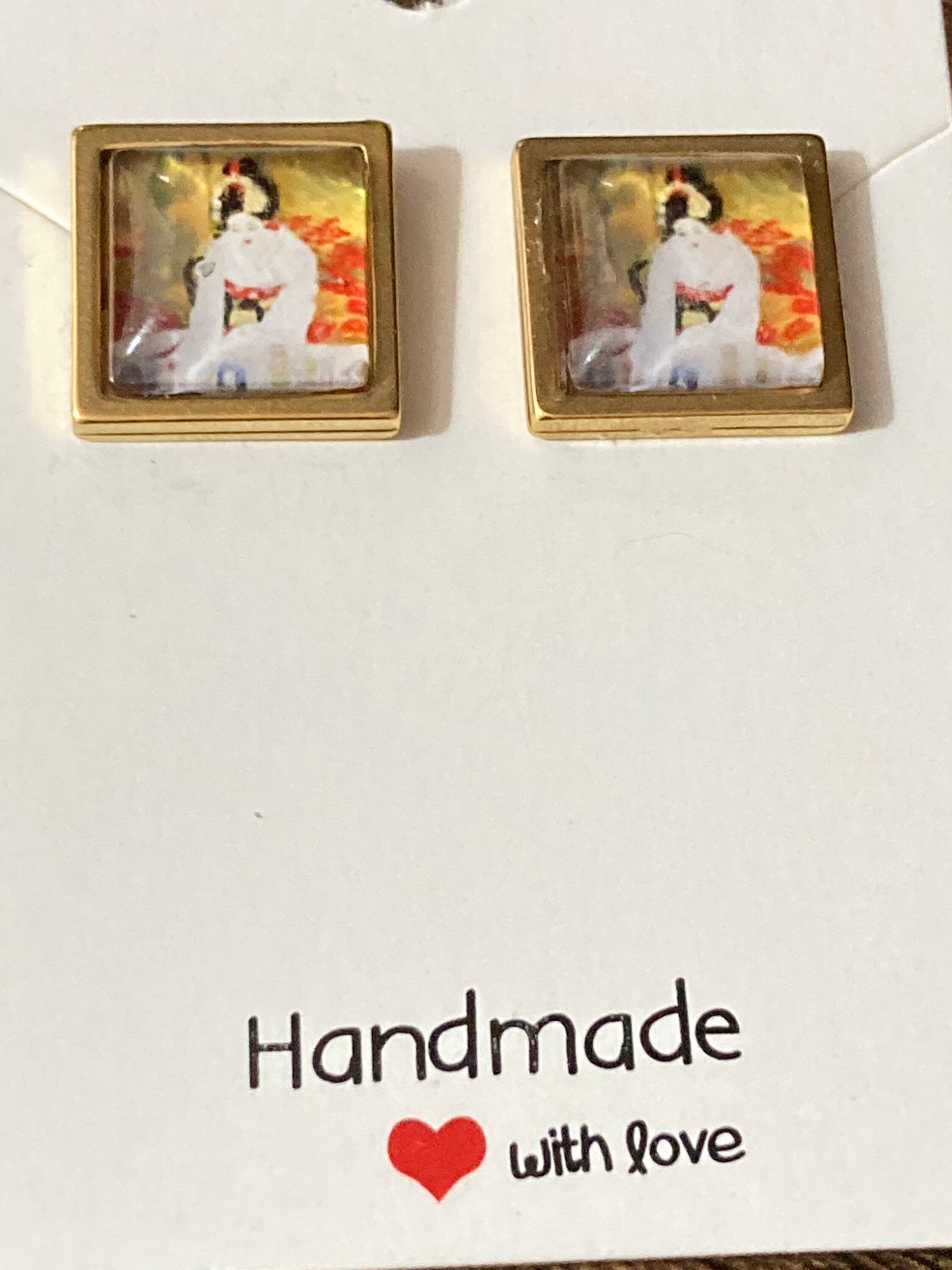 square gold tone Japanese geisha girl stud earrings orange yellow