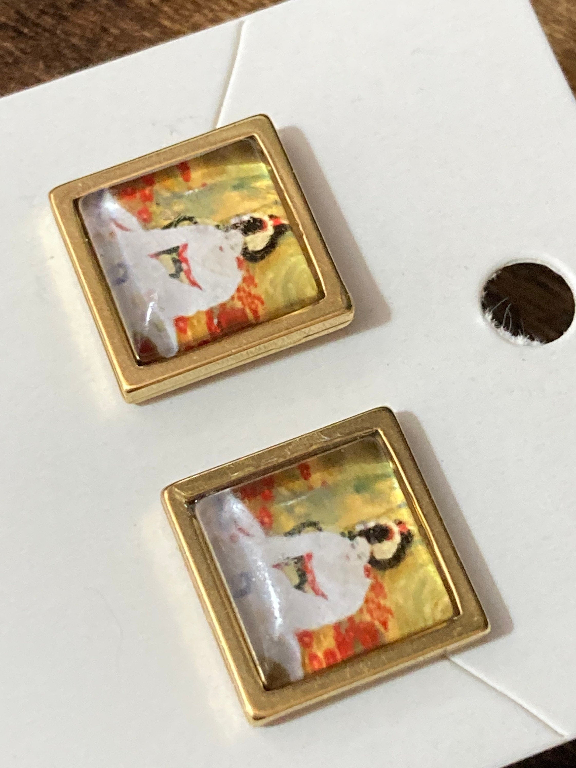 square gold tone Japanese geisha girl stud earrings orange yellow