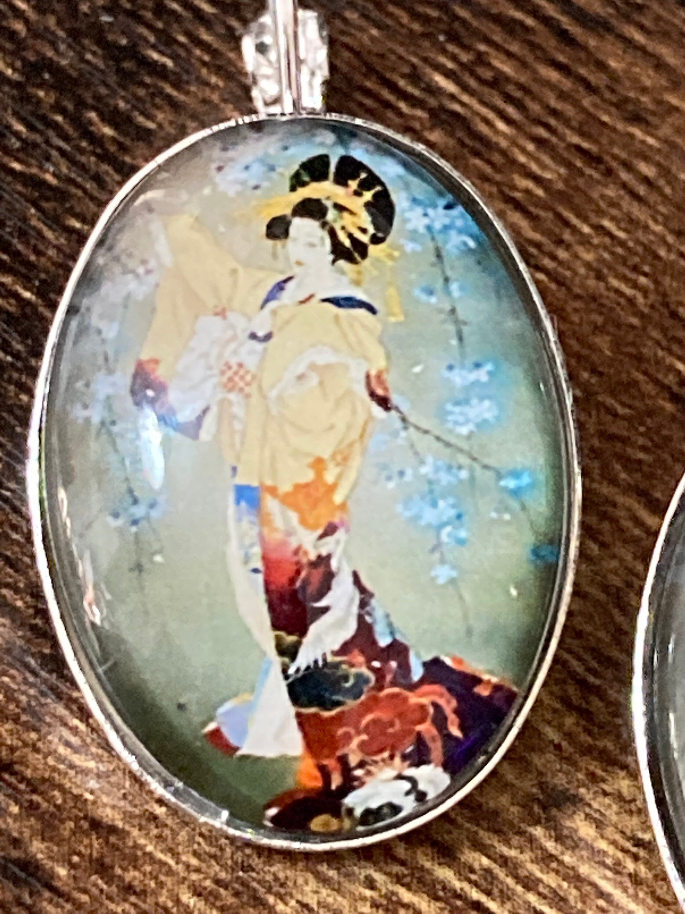 Japanese geisha girl earrings glass cabochon blue silver