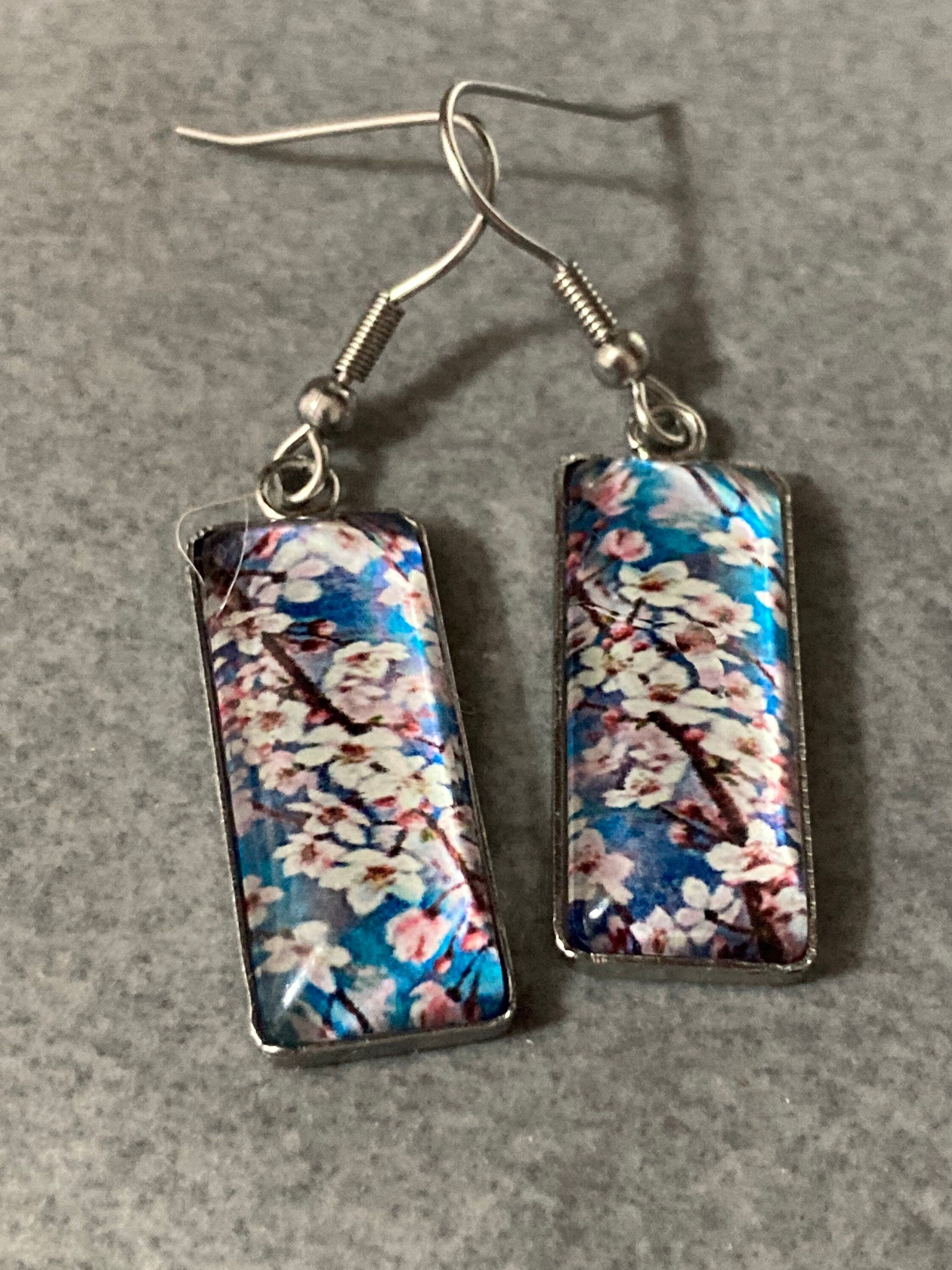 Stainless steel 4.5cm rectangular Japanese cherry blossom blue glass cabochon drop earrings