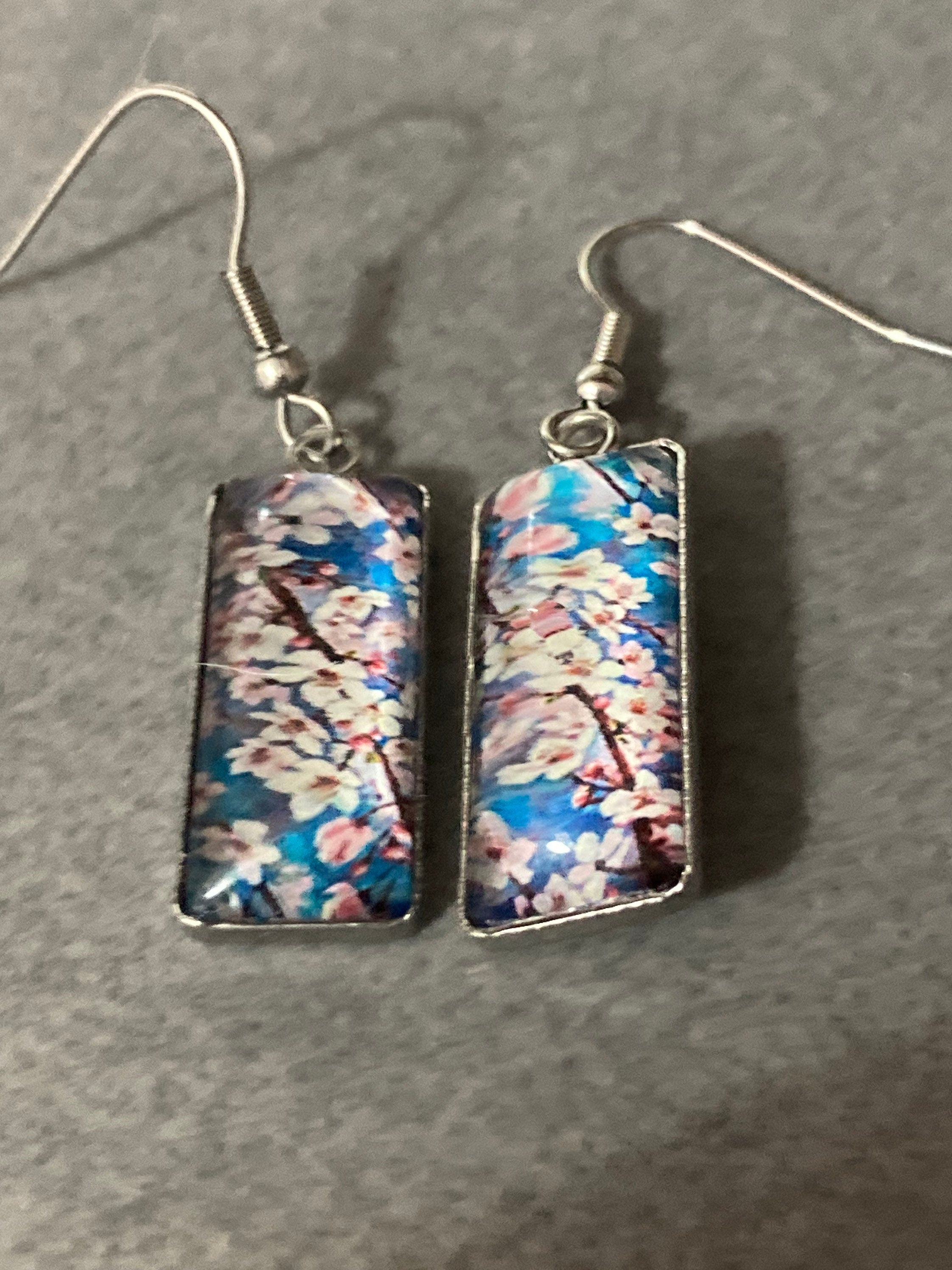 Stainless steel 4.5cm rectangular Japanese cherry blossom blue glass cabochon drop earrings