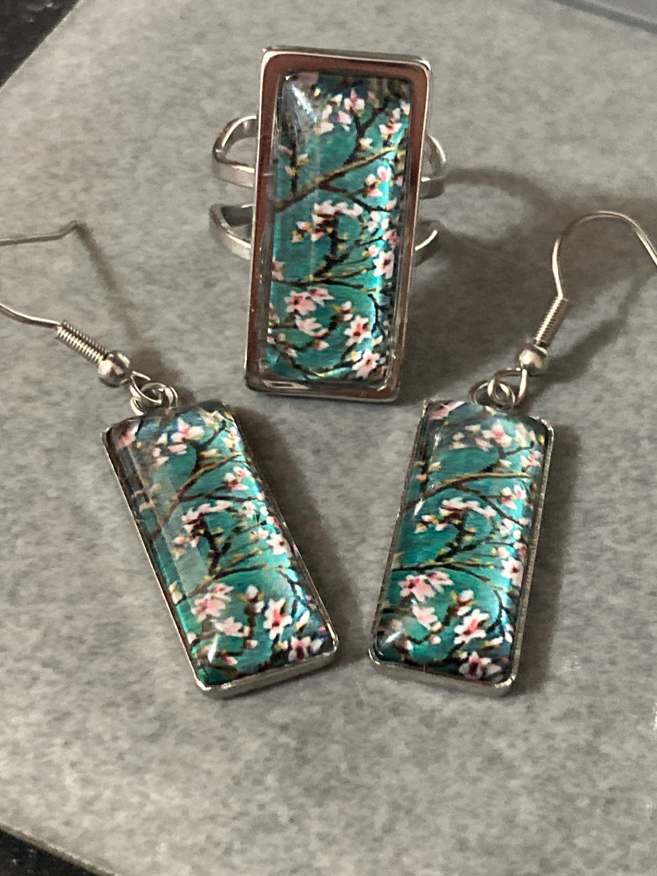 Japanese cherry blossom green glass cabochon dangly drop pair of earrings