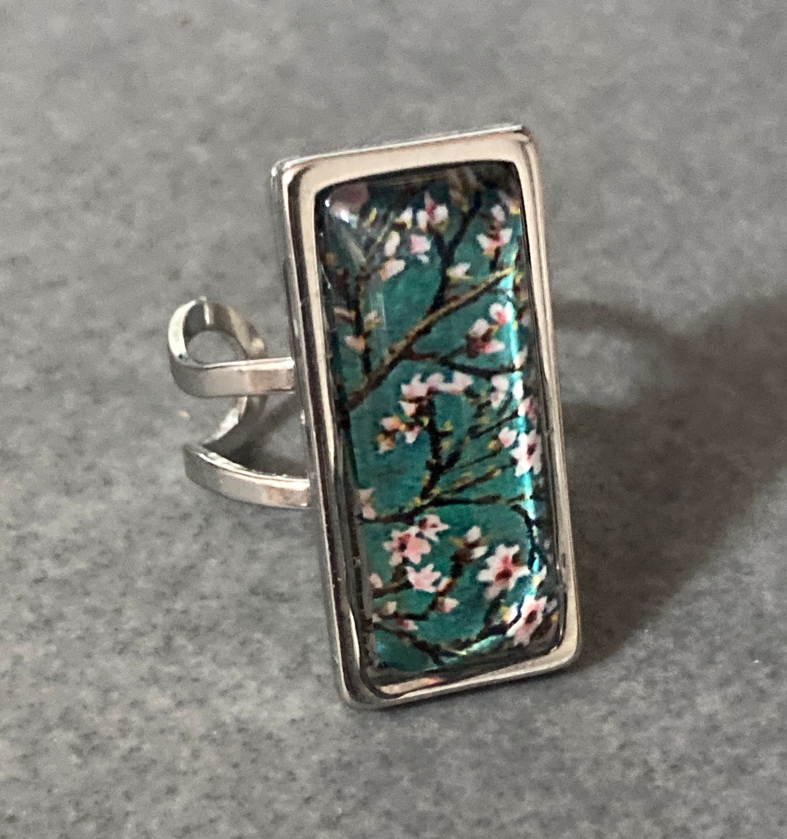 Japanese pink cherry blossom ring green glass adj size N O P Q R S
